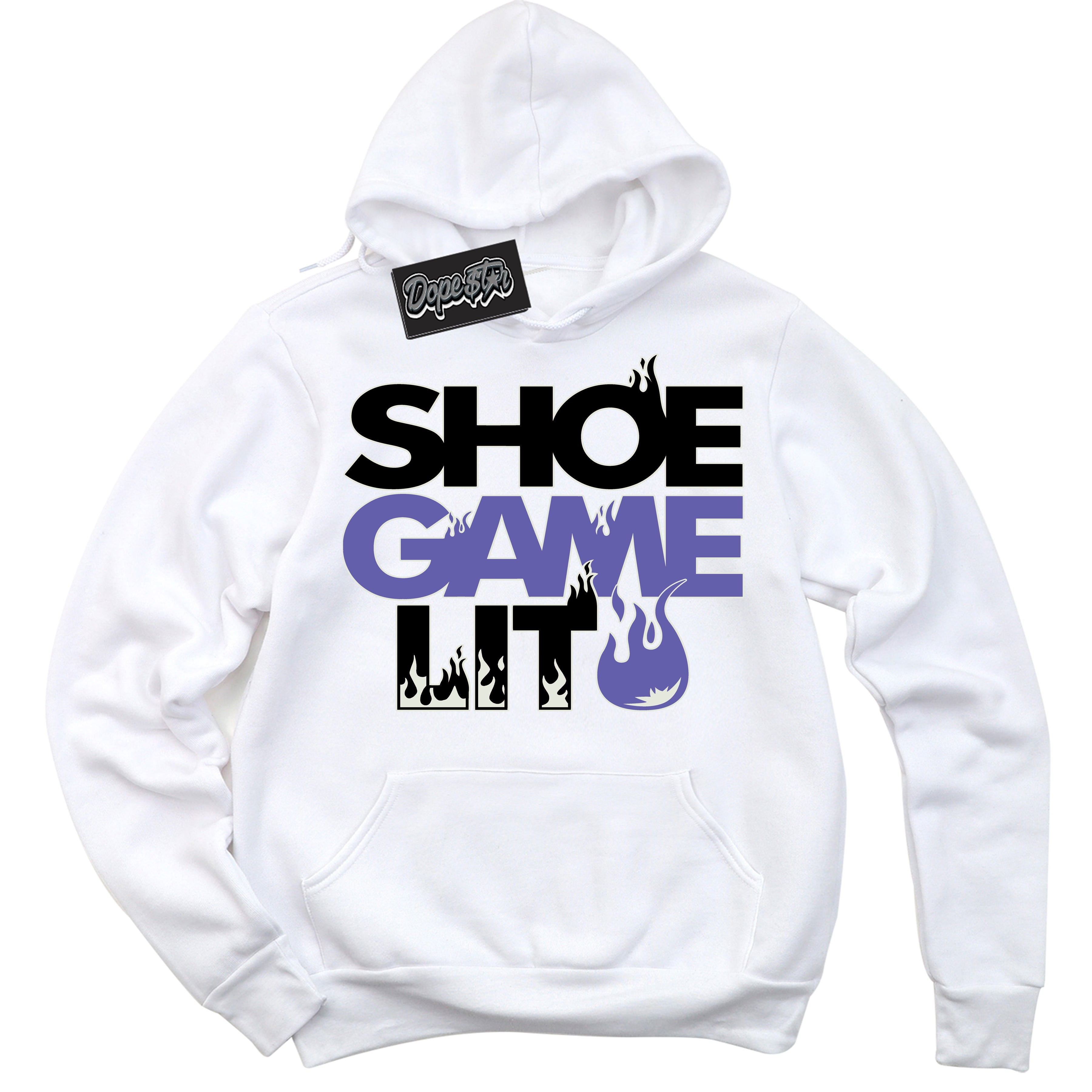 Cool White Hoodie with “ Shoe Game Lit '' design that Perfectly Matches Purple Black 1s Sneakers.