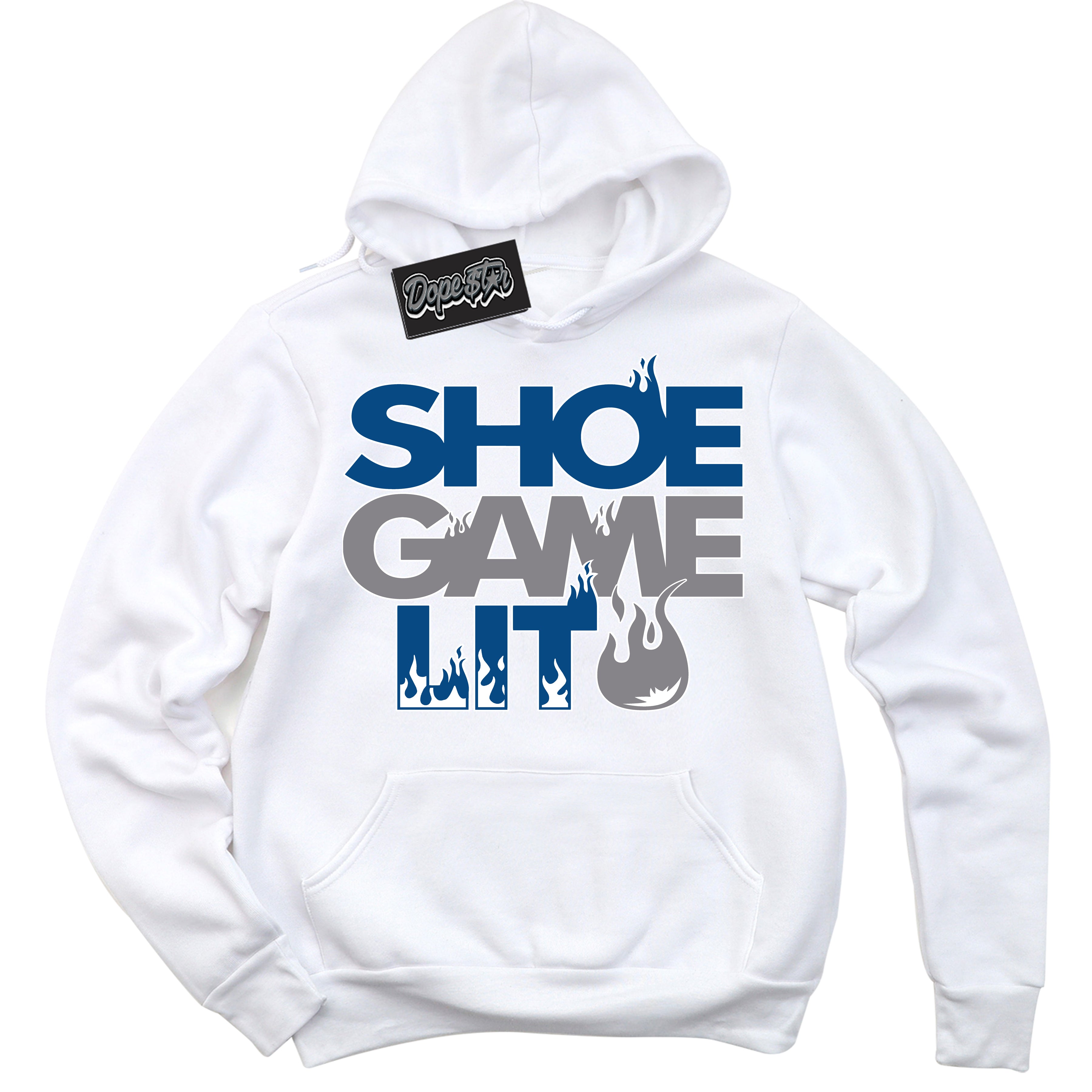 Cool White Hoodie with “ Shoe Game Lit '' design that Perfectly Matches Mid True Blue 1s Sneakers.