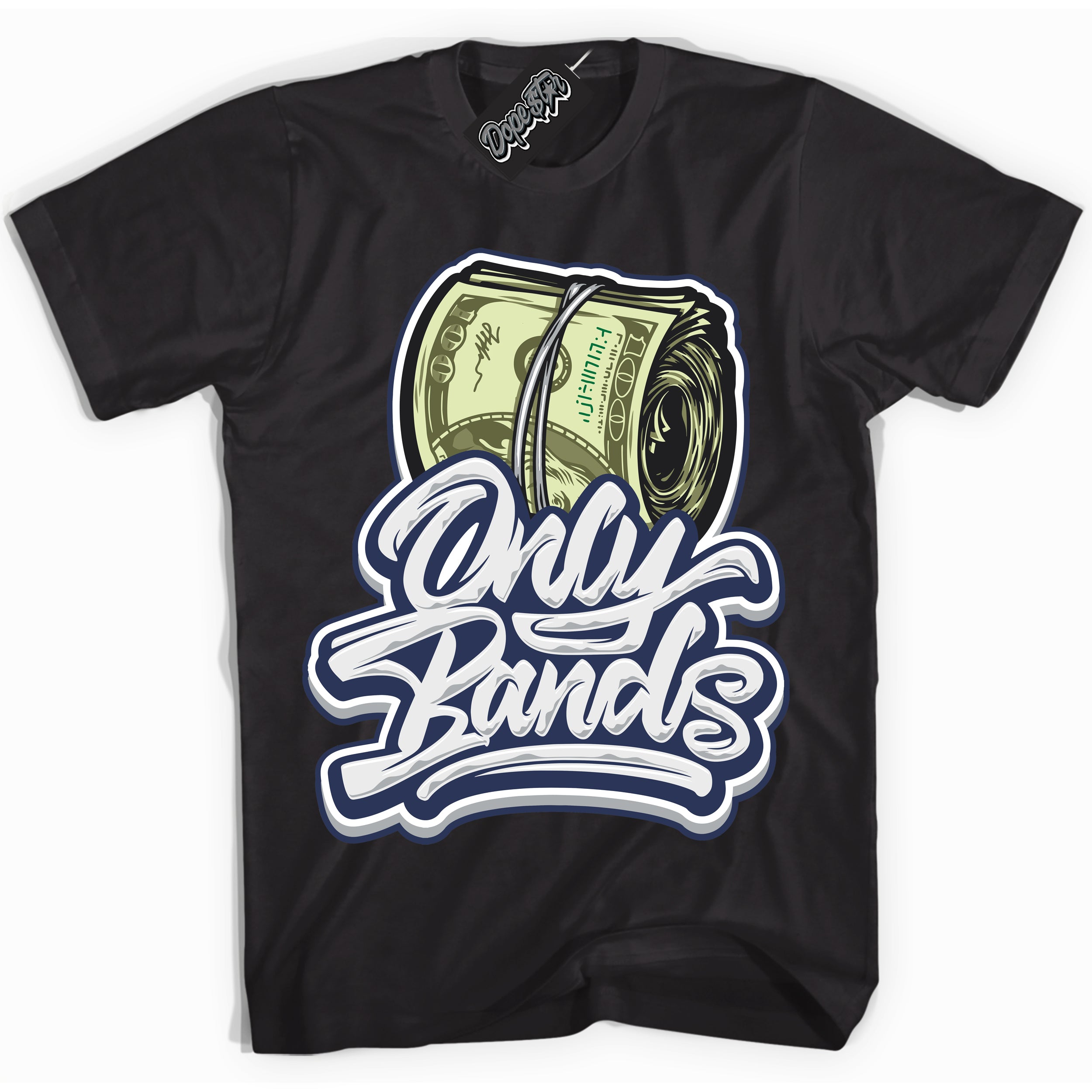 Cool Black Shirt with “Only Bands” design that perfectly matches the Wolf Grey Midnight Navy 1s Jordans.