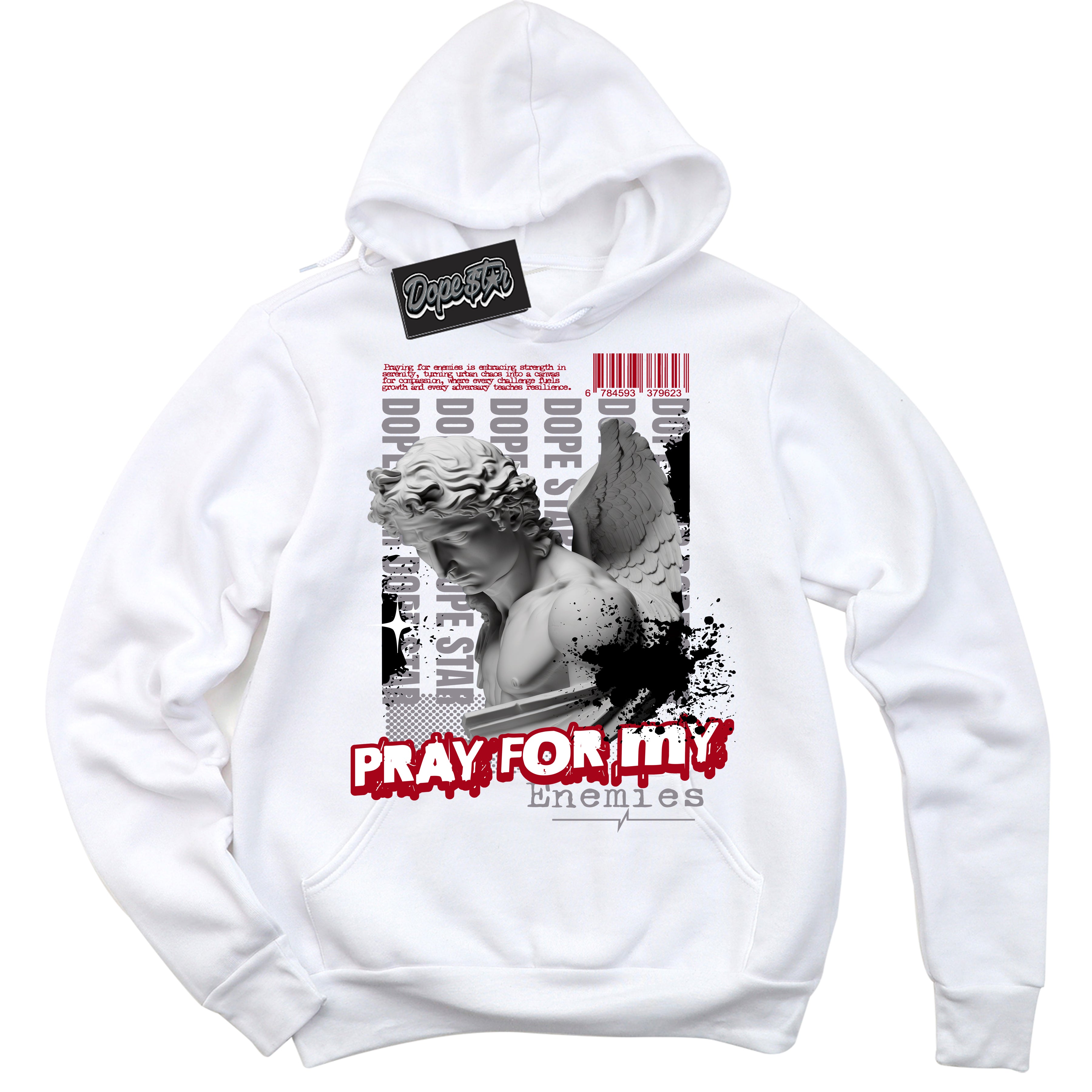 Cool White Hoodie with “ Pray Enemies ” design that Perfectly Matches Bred Shadow 1s Sneakers.