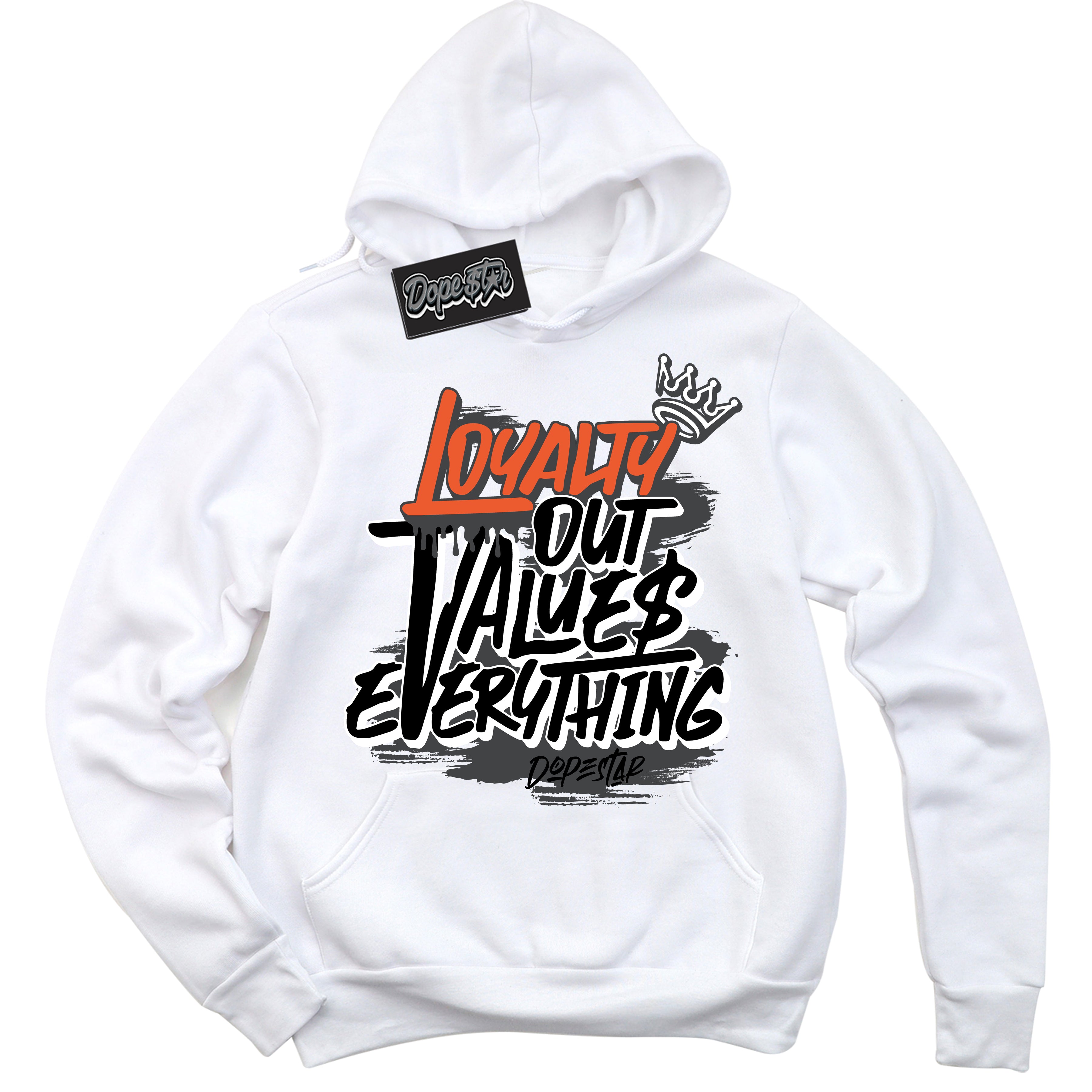 Cool White Hoodie with “ Loyalty Out Values Everything ” design that Perfectly Matches Stash 1s Sneakers.