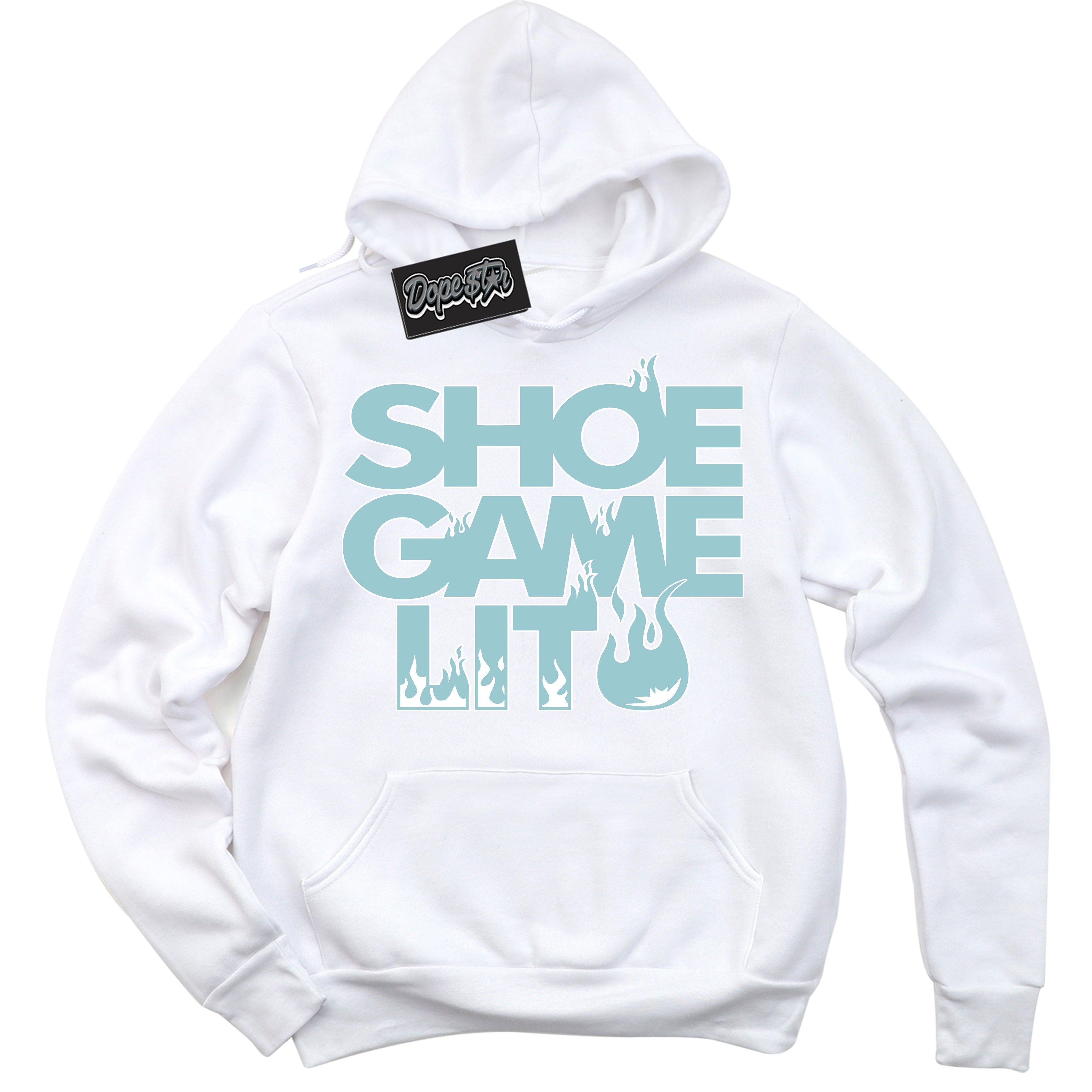 Cool White Hoodie with “ Shoe Game Lit '' design that Perfectly Matches AJKO Bleached Aqua 1s Sneakers.