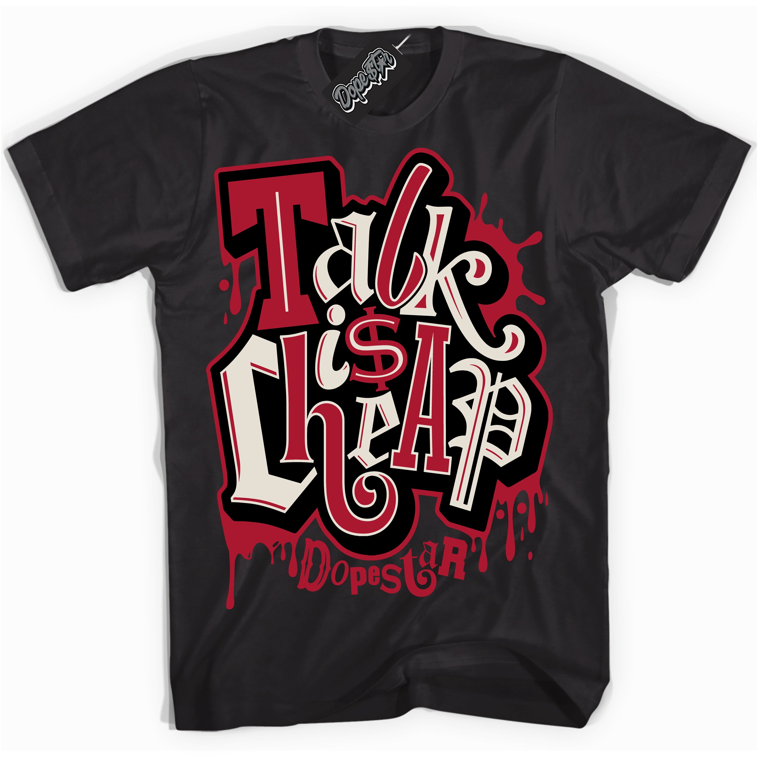 Cool Black Shirt with “ Talk Is Cheap” design that perfectly matches AJKO Bred 1s Sneakers.