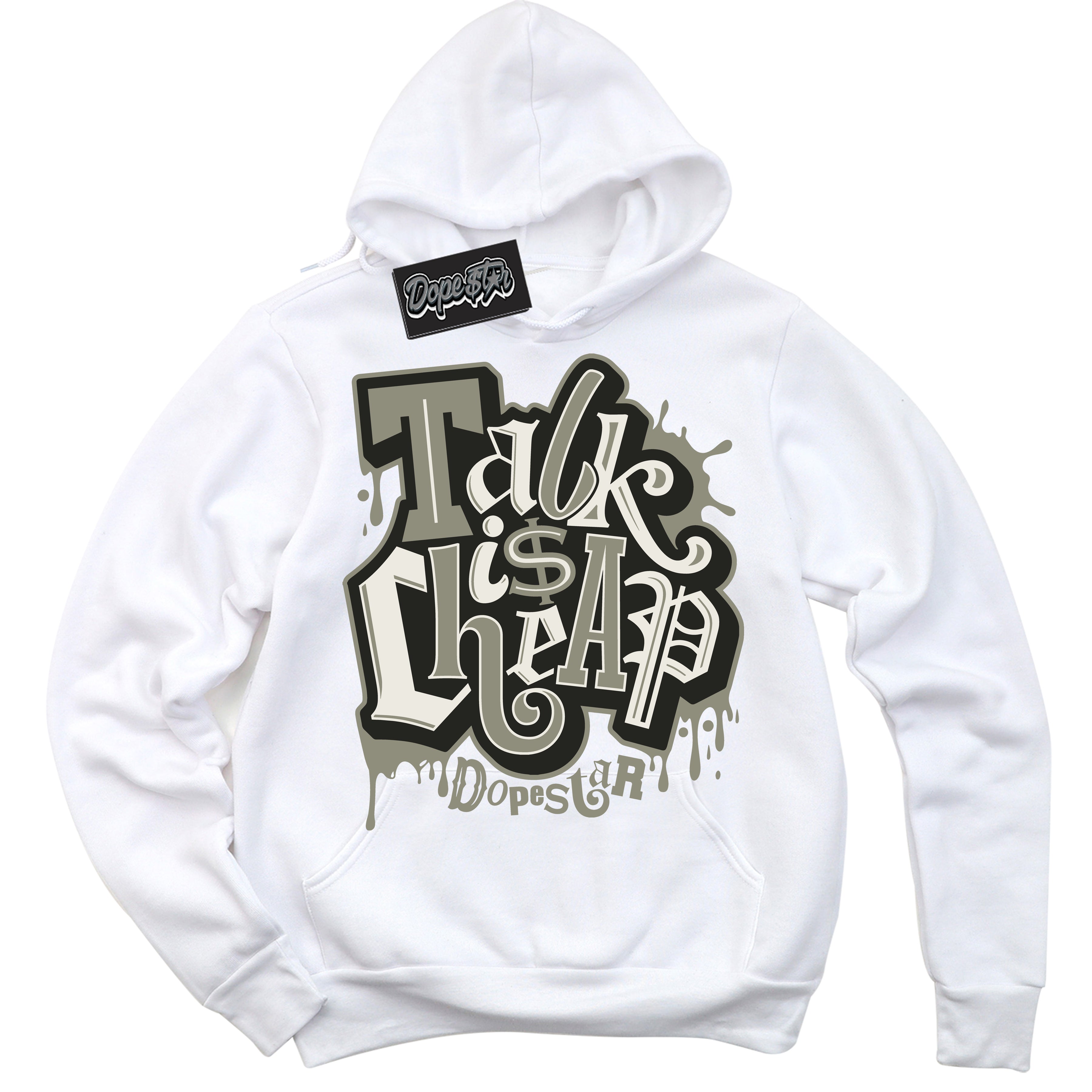 Cool White Hoodie with “ Talk Is Cheap ” design that Perfectly Matches AJKO Shadow 1s Sneakers.