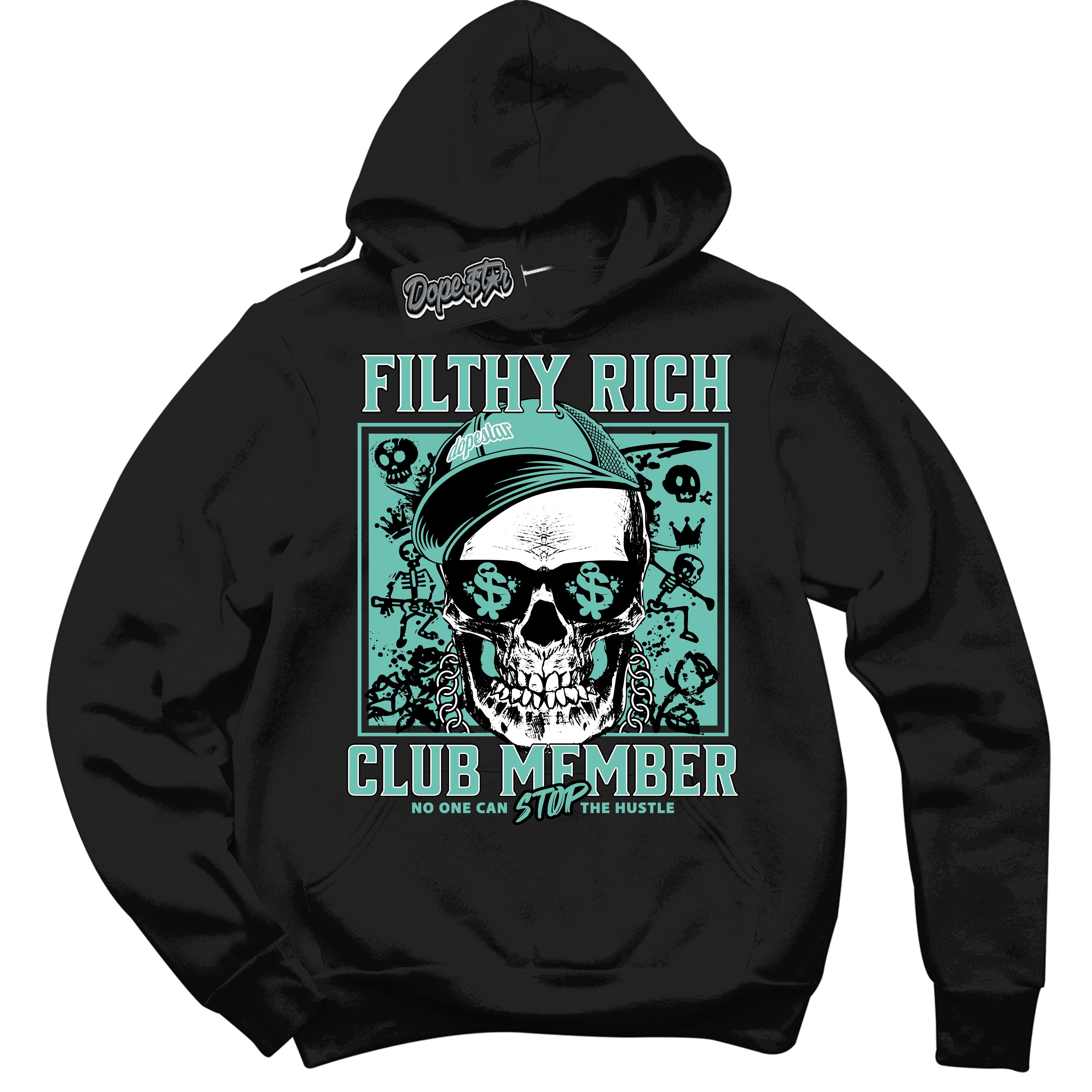 Cool Black Hoodie with “ Filthy Rich ” design that Perfectly Matches Green Glow 1s Sneakers.