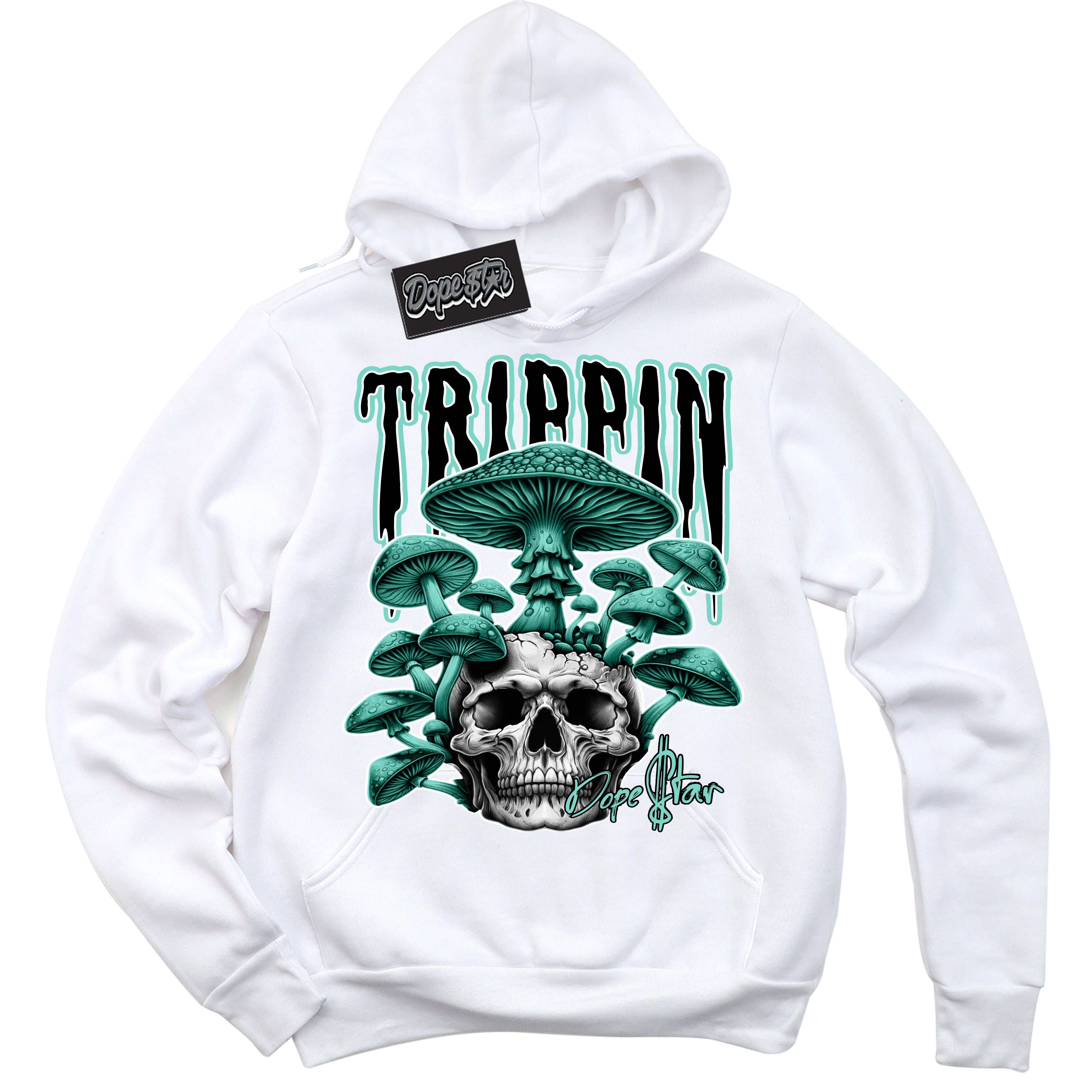 Cool White Hoodie with “Trippin” design that Perfectly Matches Green Glow 1s Sneakers.