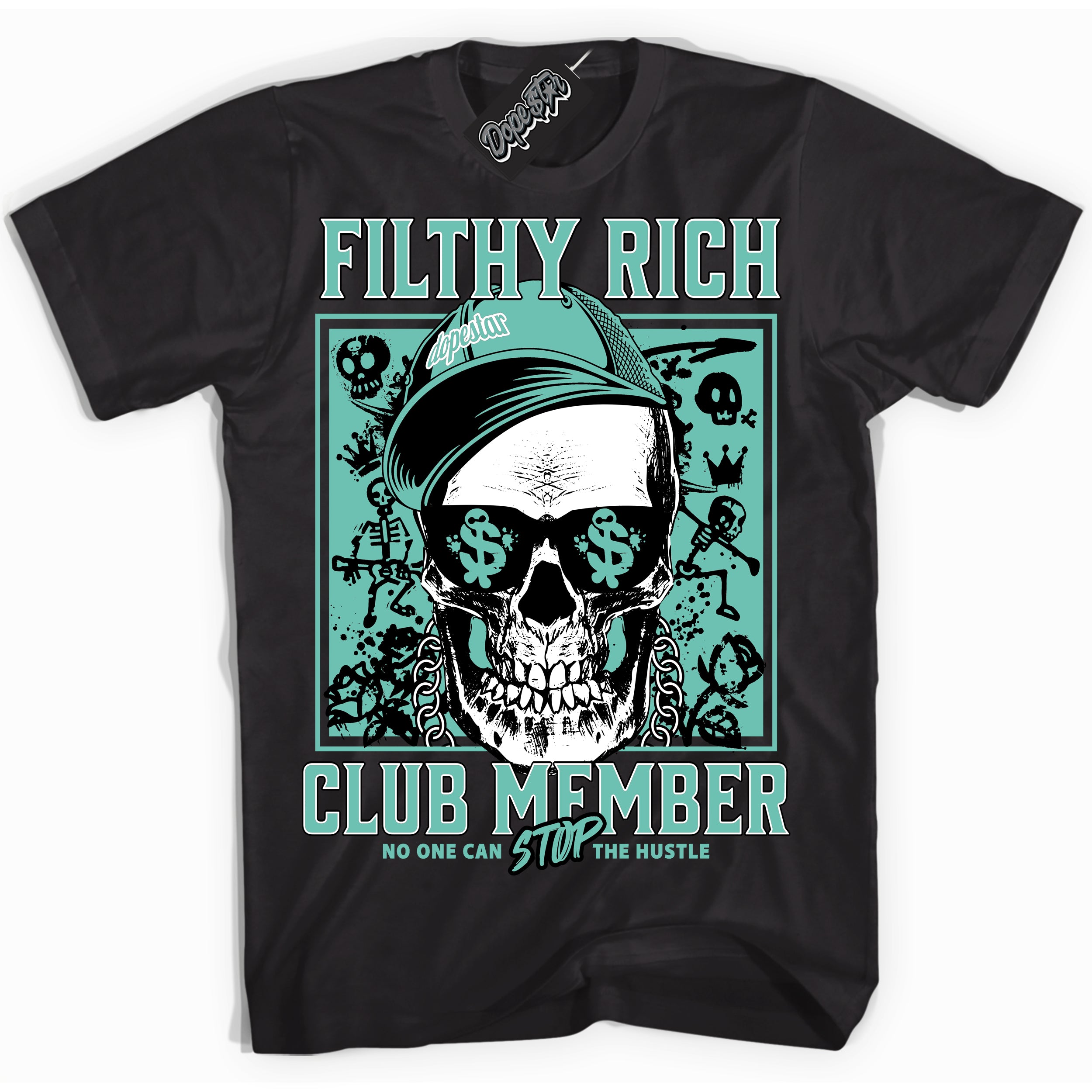Cool Black Shirt with “ Filthy Rich” design that perfectly matches Green Glow 1s Sneakers.
