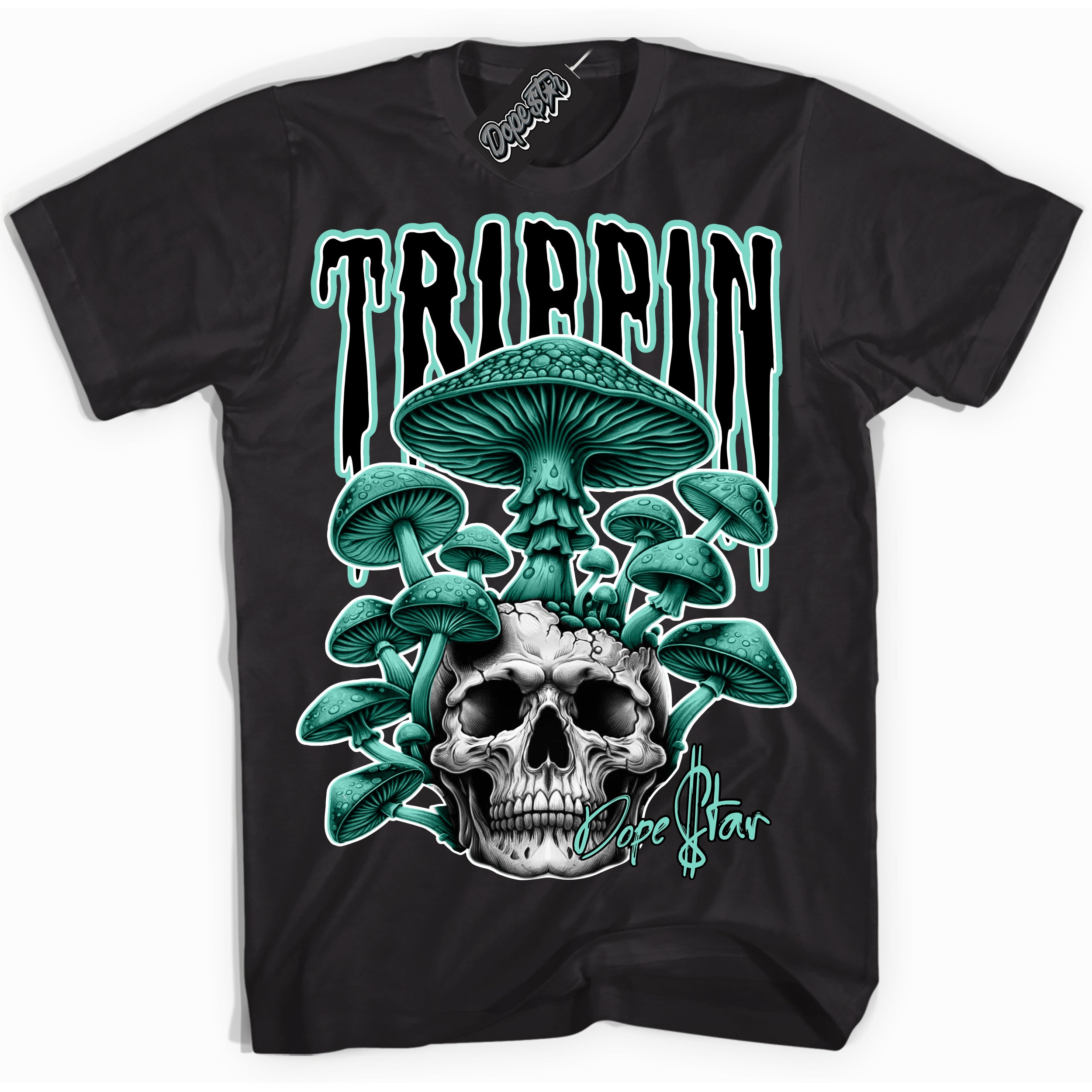 Cool Black Shirt with “Trippin” design that perfectly matches the Green Glow 1s Sneakers.