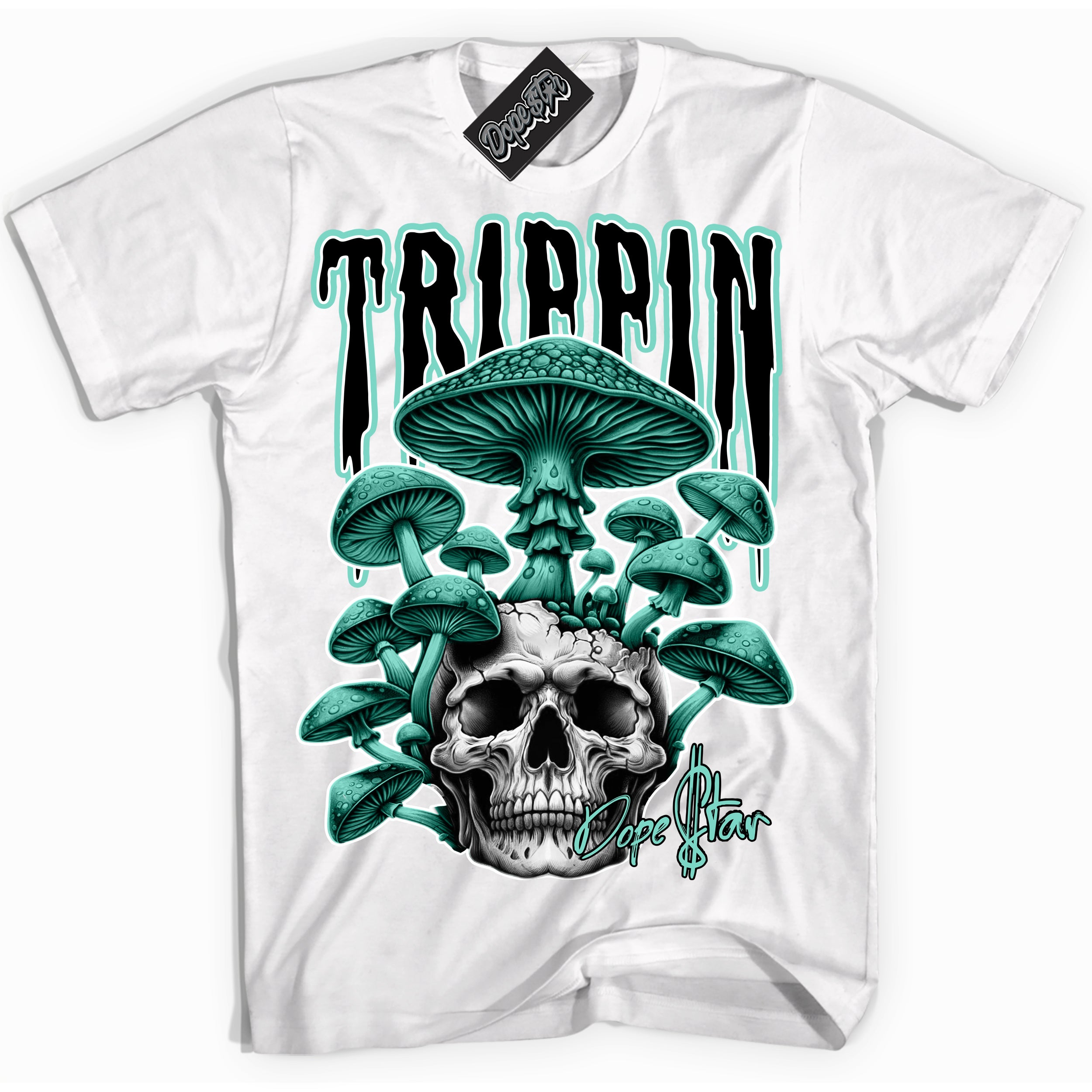 Cool White Shirt with “Trippin” design that perfectly matches the Green Glow 1s Sneakers.