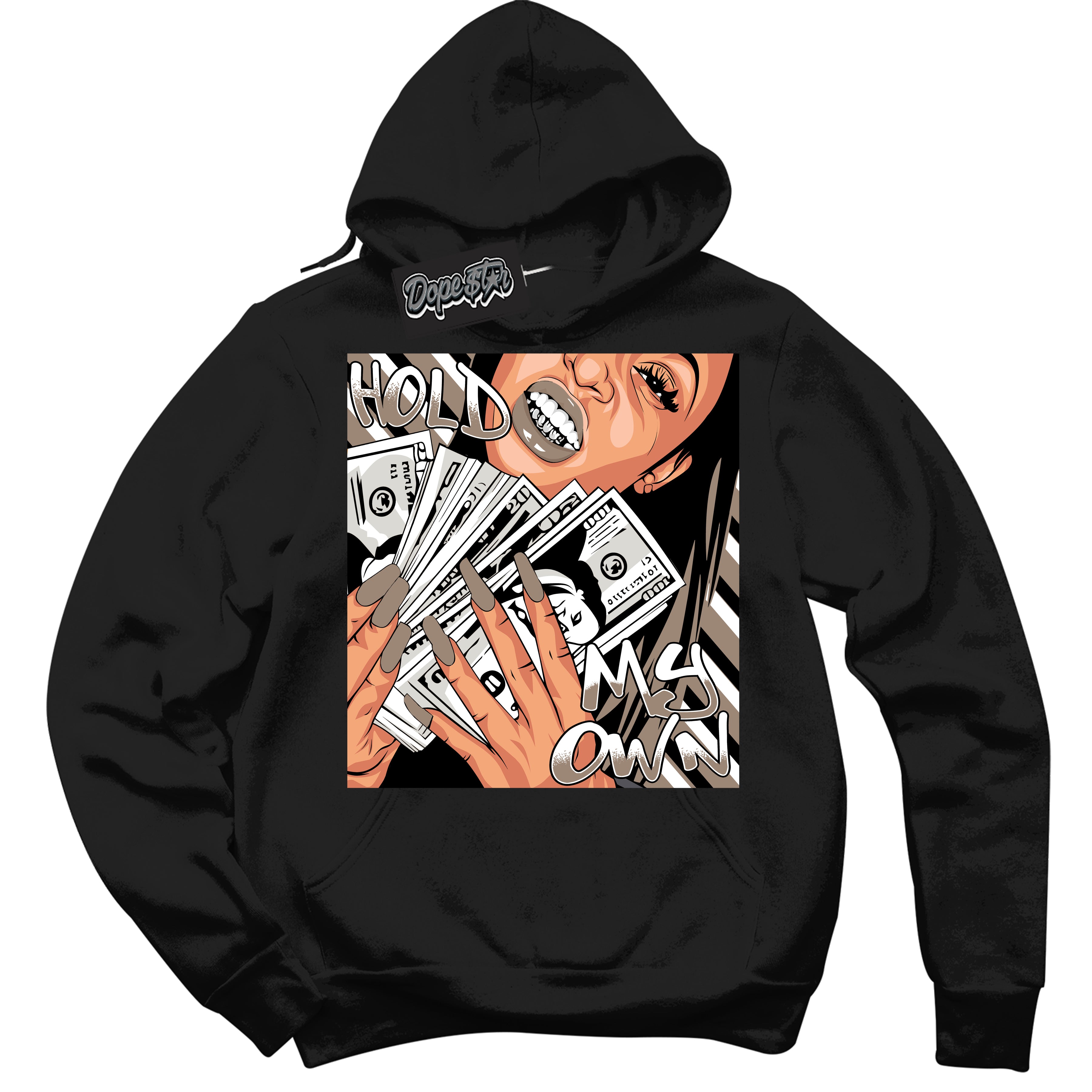 Cool Black Hoodie with “ Hold My Own ” design that Perfectly Matches Latte 1s Sneakers.