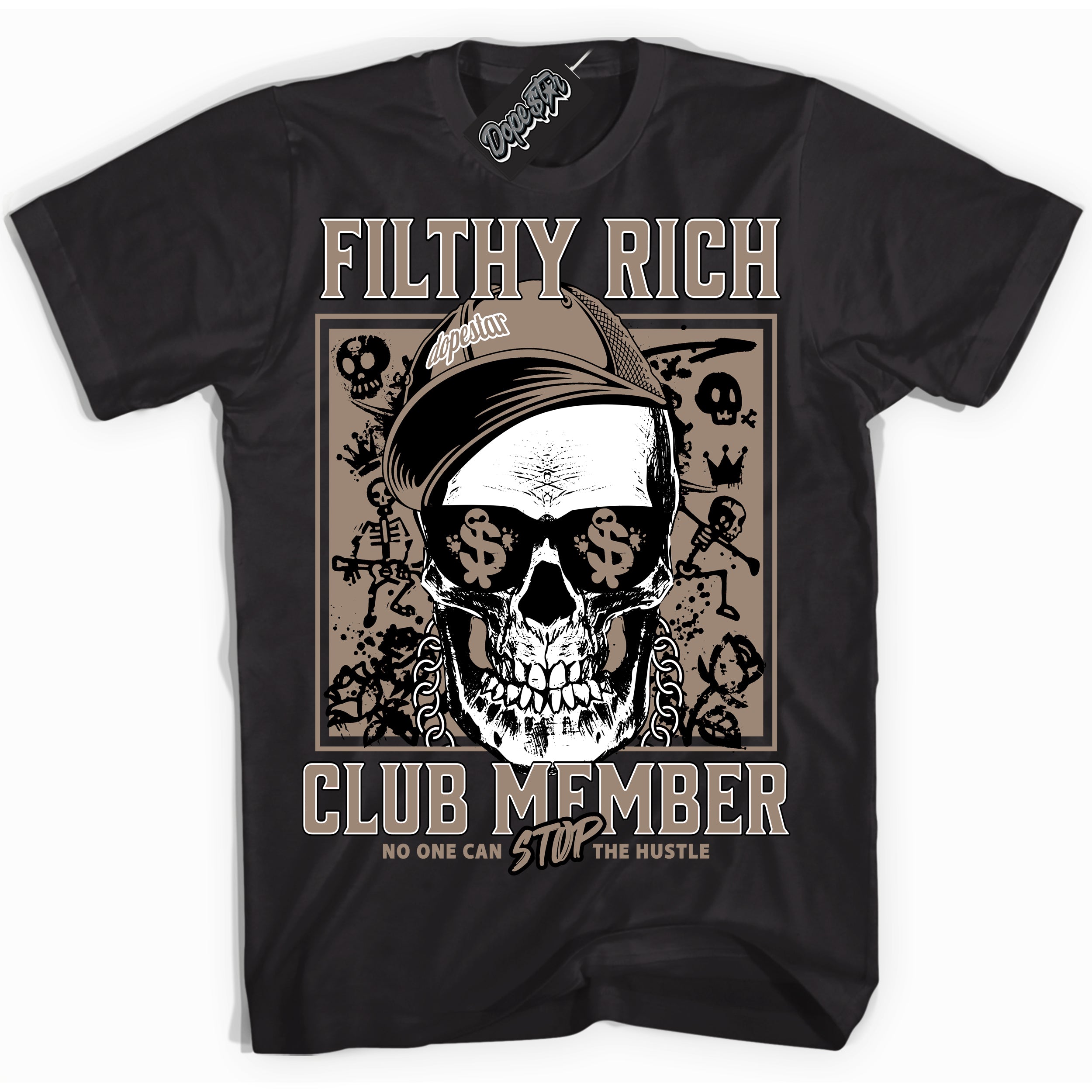 Cool Black Shirt with “ Filthy Rich” design that perfectly matches Latte 1s Sneakers.