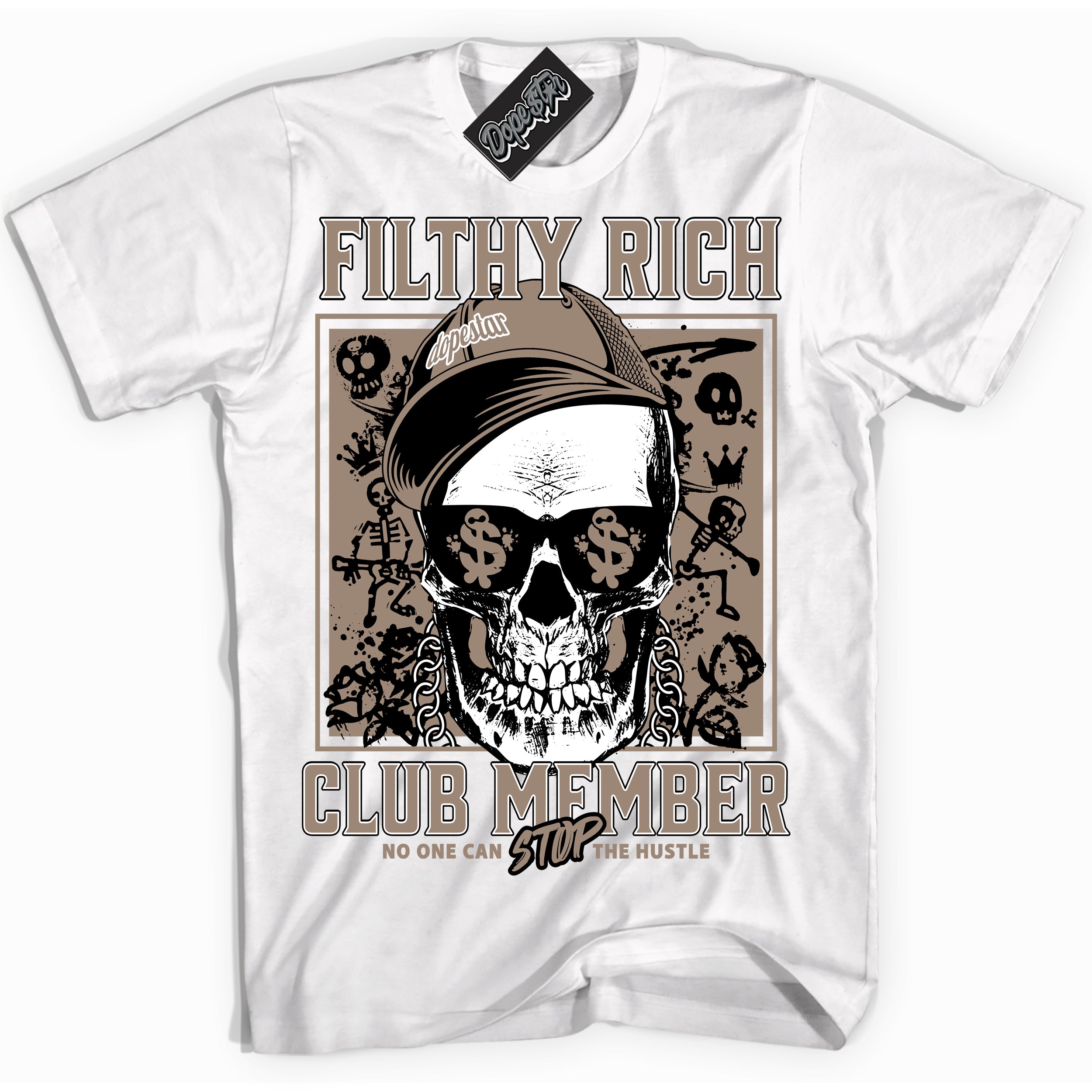 Cool White Shirt with “ Filthy Rich” design that perfectly matches Latte 1s Sneakers.
