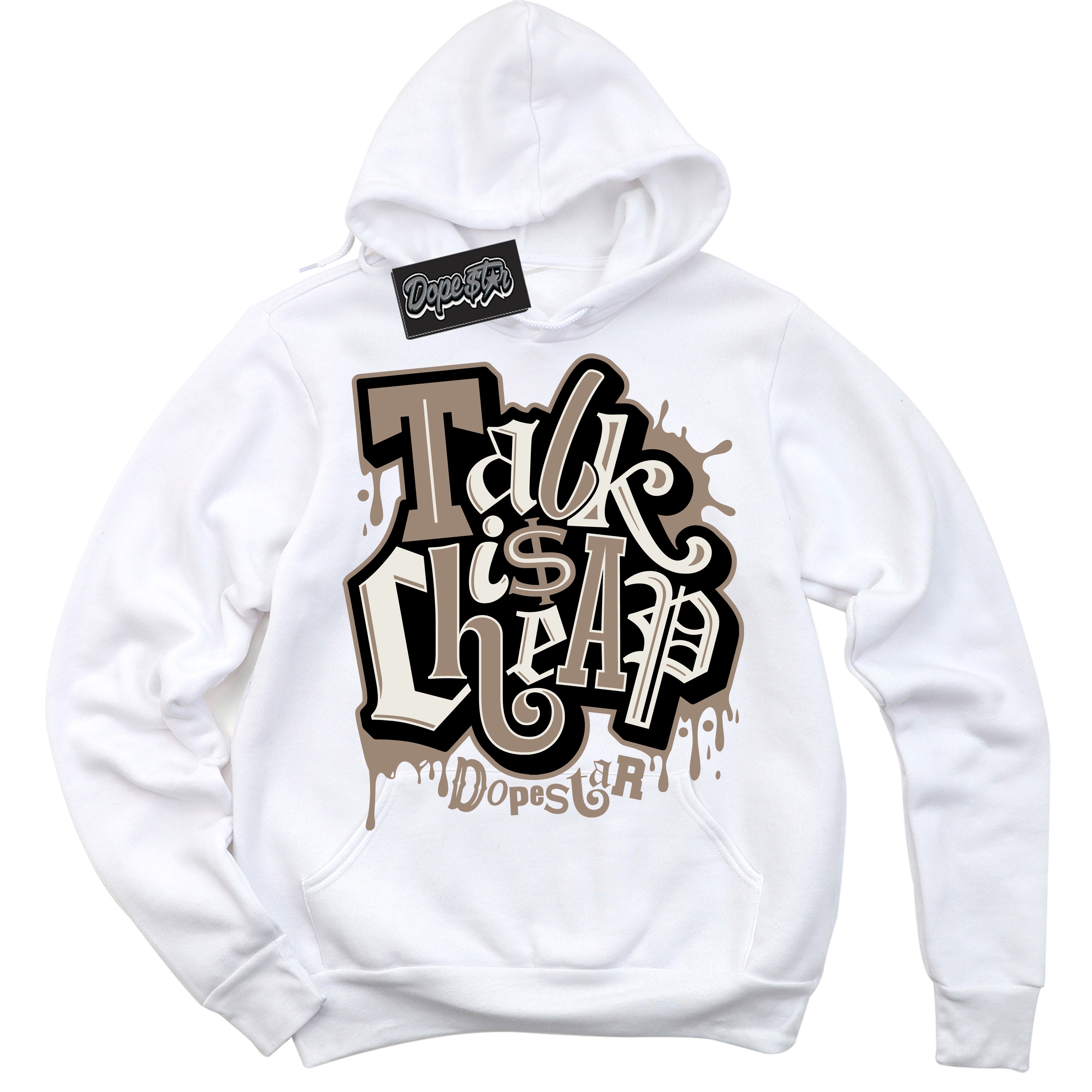 Cool White Hoodie with “ Talk Is Cheap ” design that Perfectly Matches Latte 1s Sneakers.