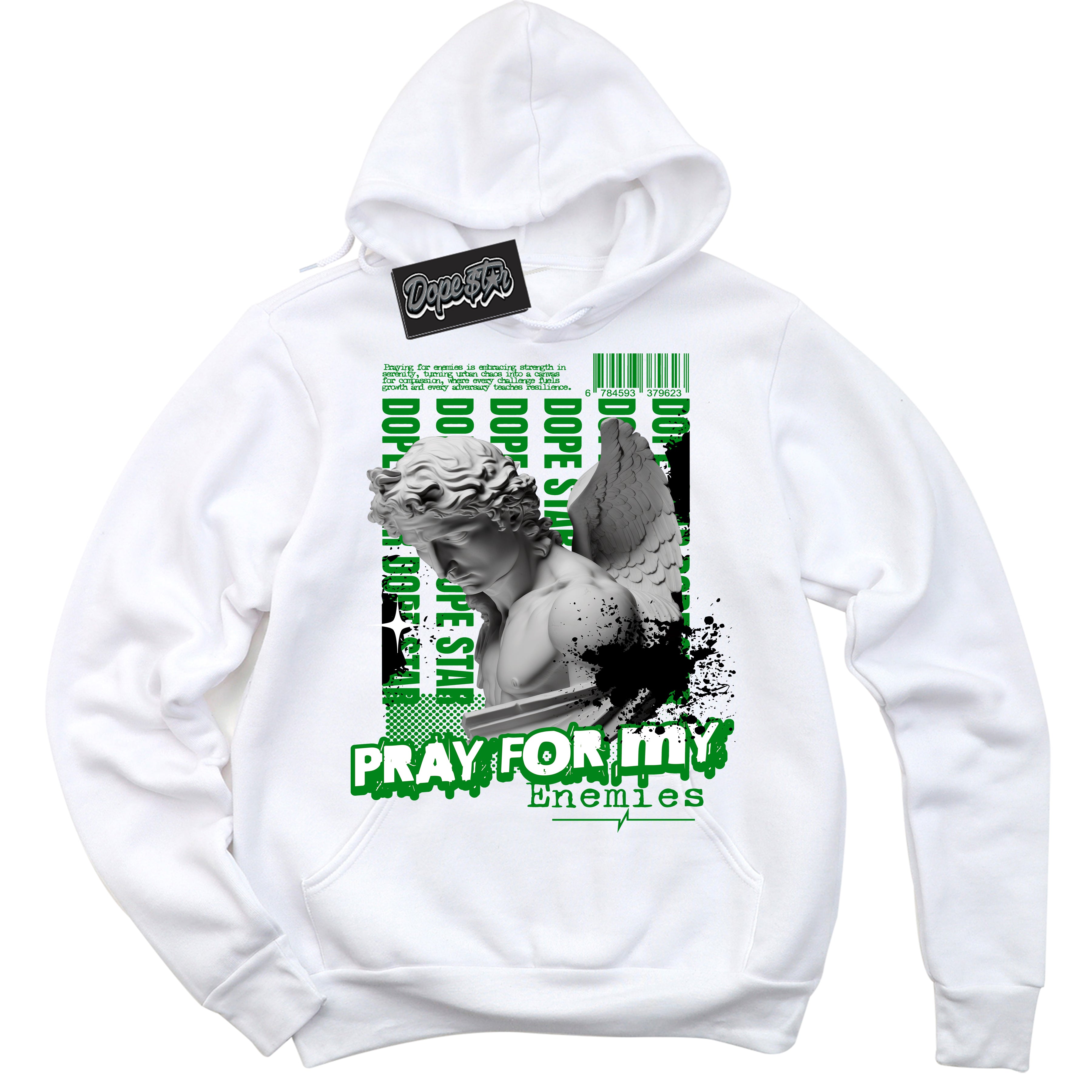 Cool White Hoodie with “ Pray Enemies ” design that Perfectly Matches Retro Lucky Green 1s Sneakers.