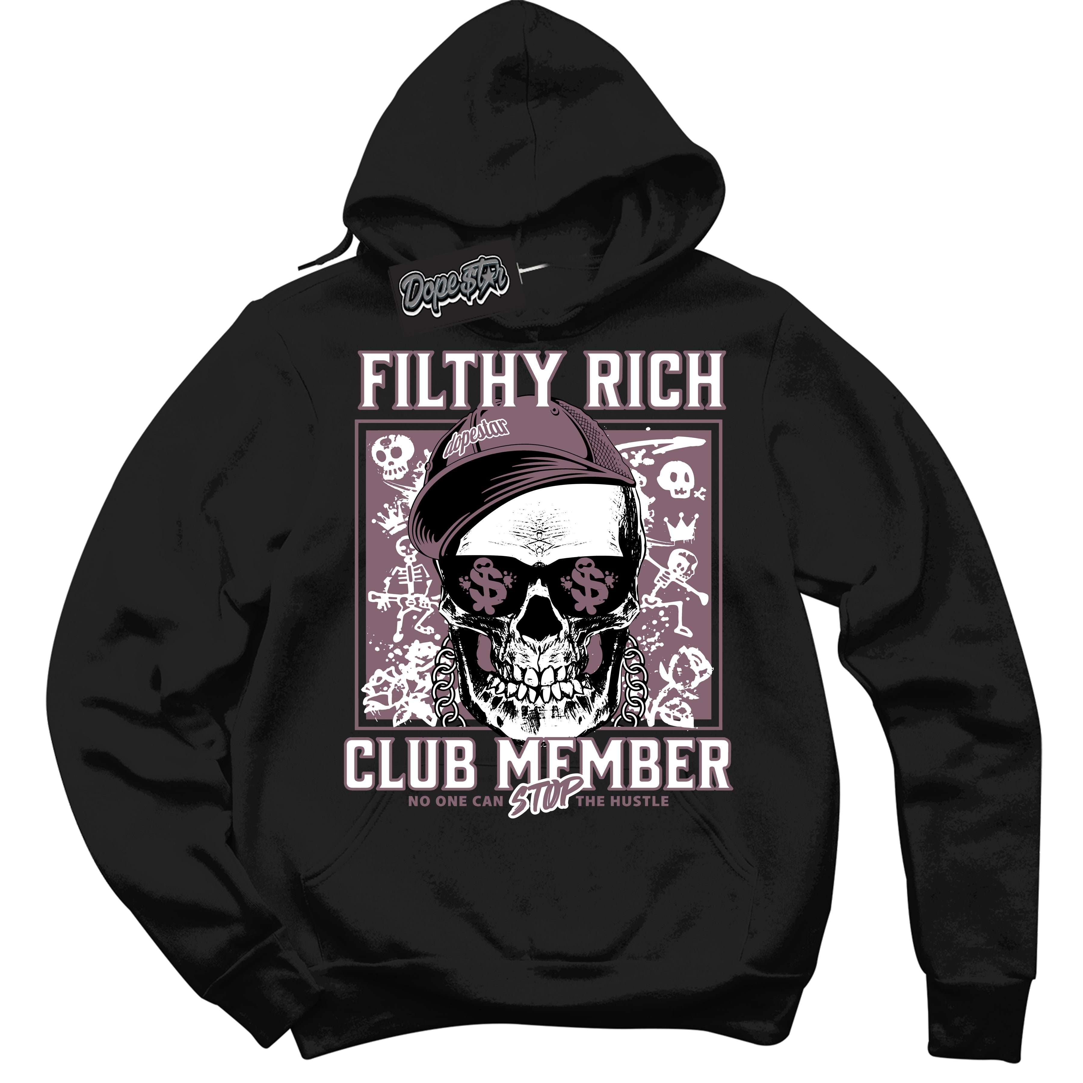 Cool Black Hoodie with “ Filthy Rich ” design that Perfectly Matches Mauve 1s Sneakers.