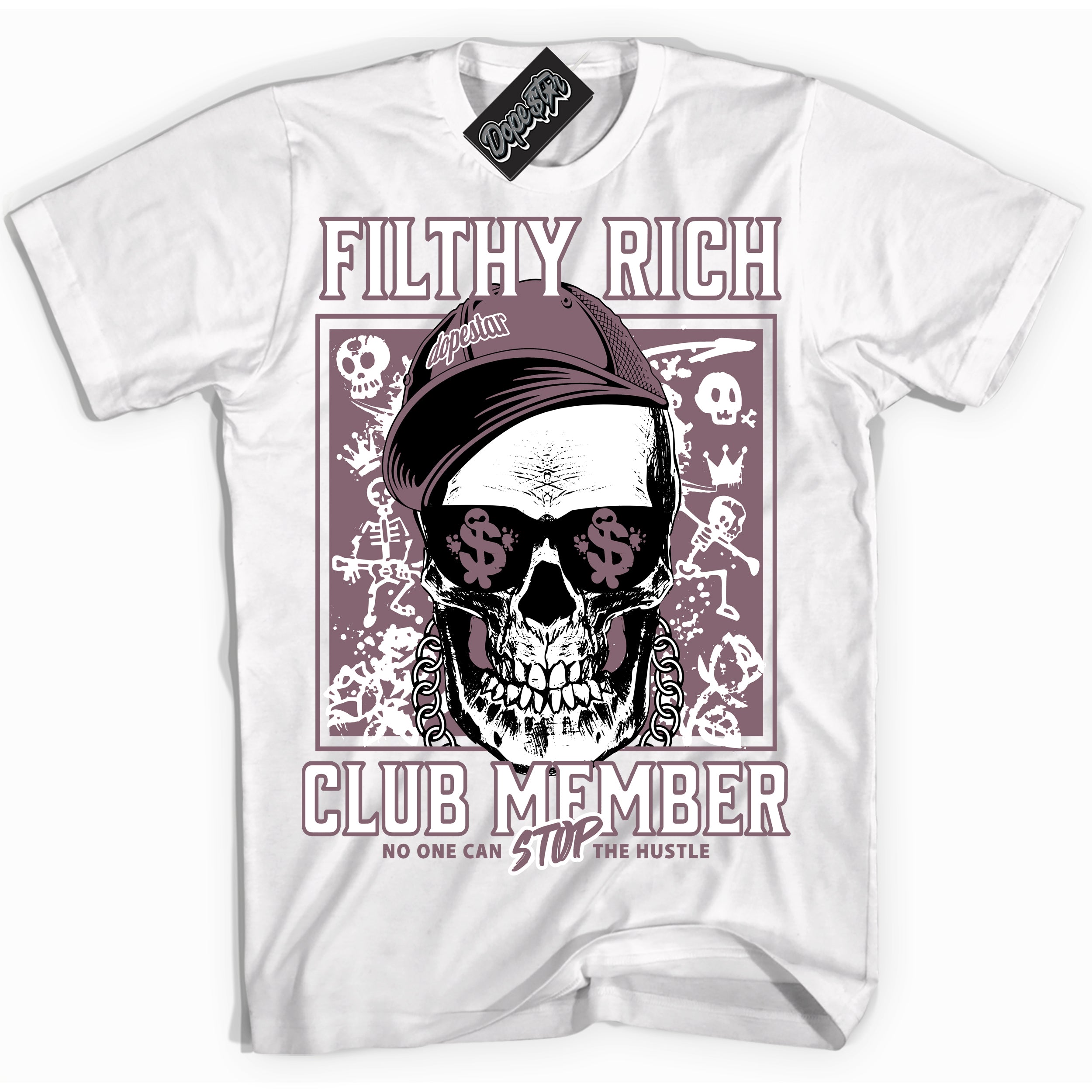 Cool White Shirt with “ Filthy Rich” design that perfectly matches Mauve 1s Sneakers.