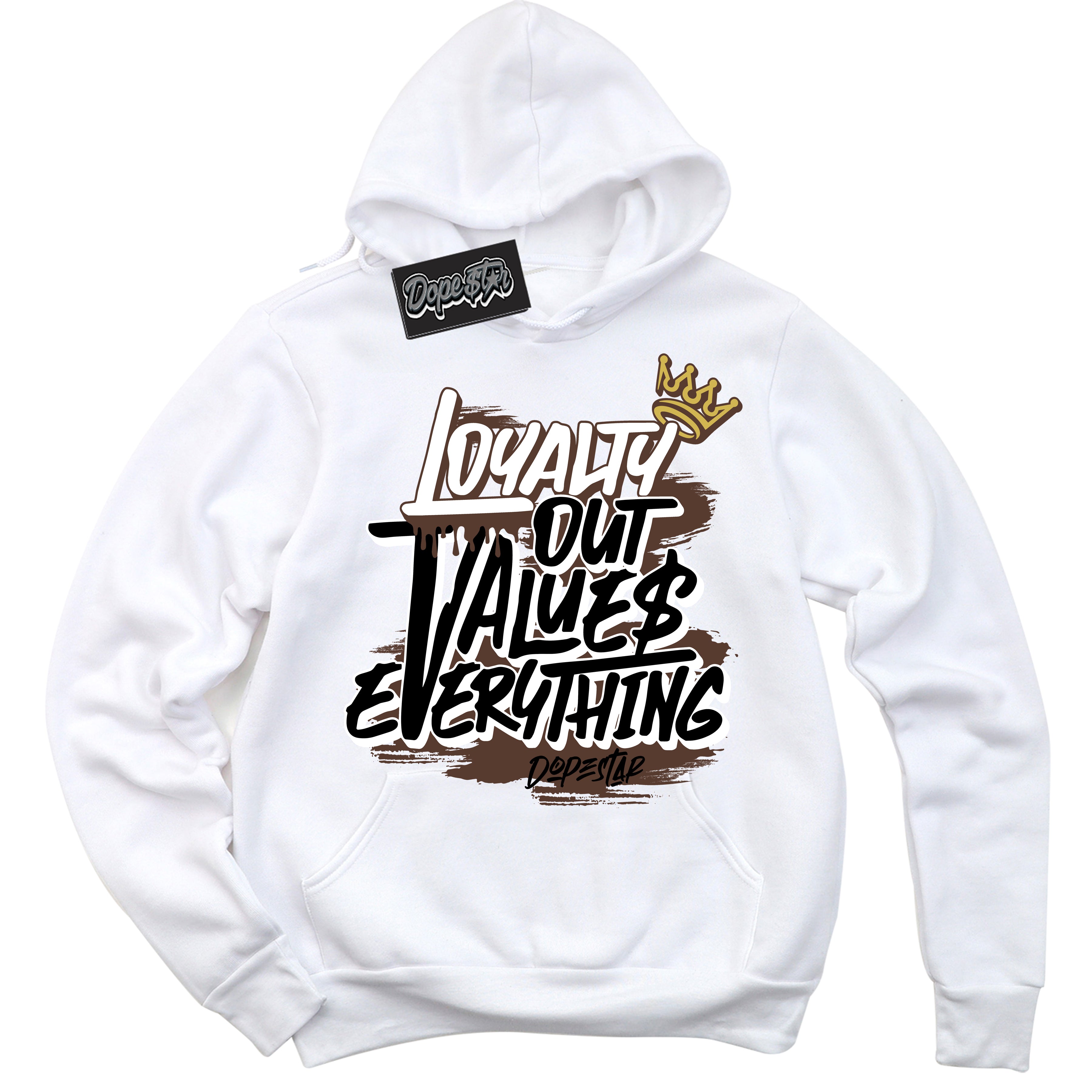 Cool White Hoodie with “ Loyalty Out Values Everything ” design that Perfectly Matches Palomino 1s Sneakers.