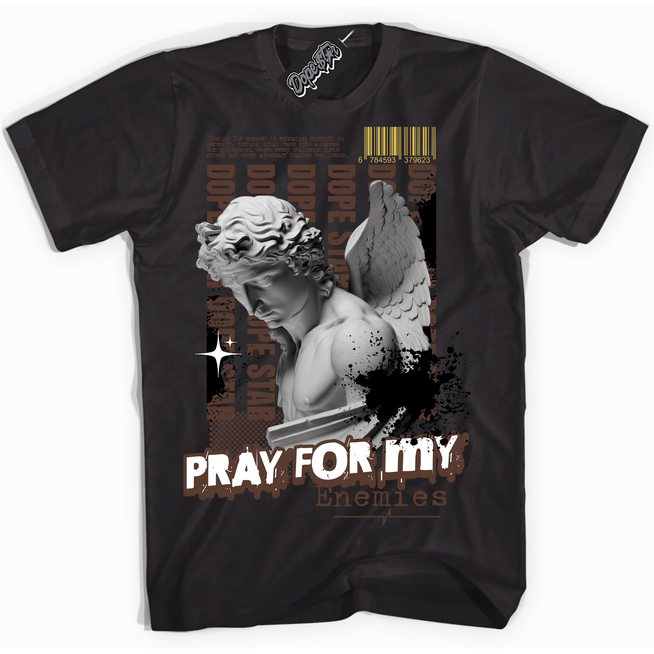 Cool Black Shirt with “ Pray Enemies” design that perfectly matches Palomino 1s Sneakers.