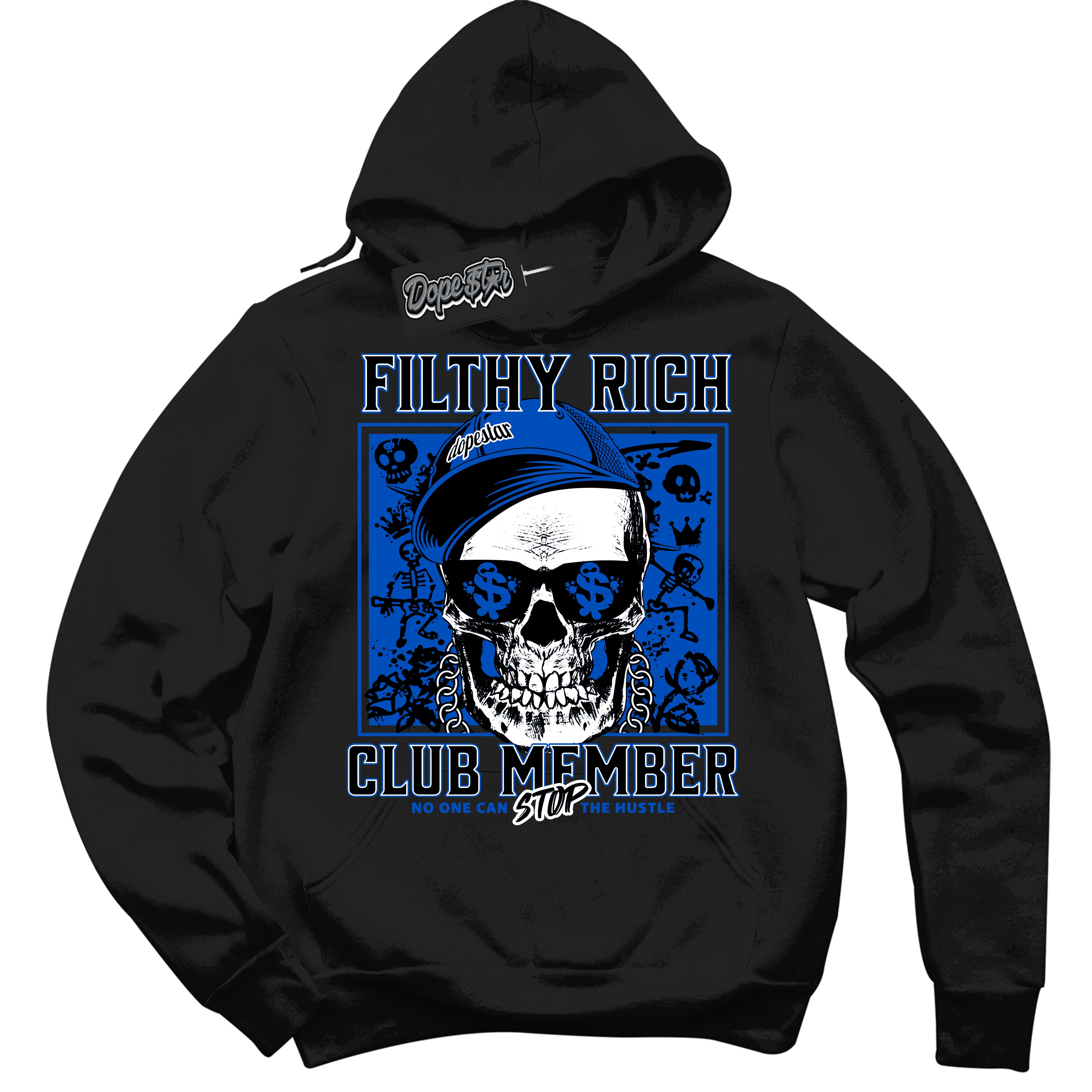 Cool Black Hoodie with “ Filthy Rich ” design that Perfectly Matches Royal Reimagined 1s Sneakers.