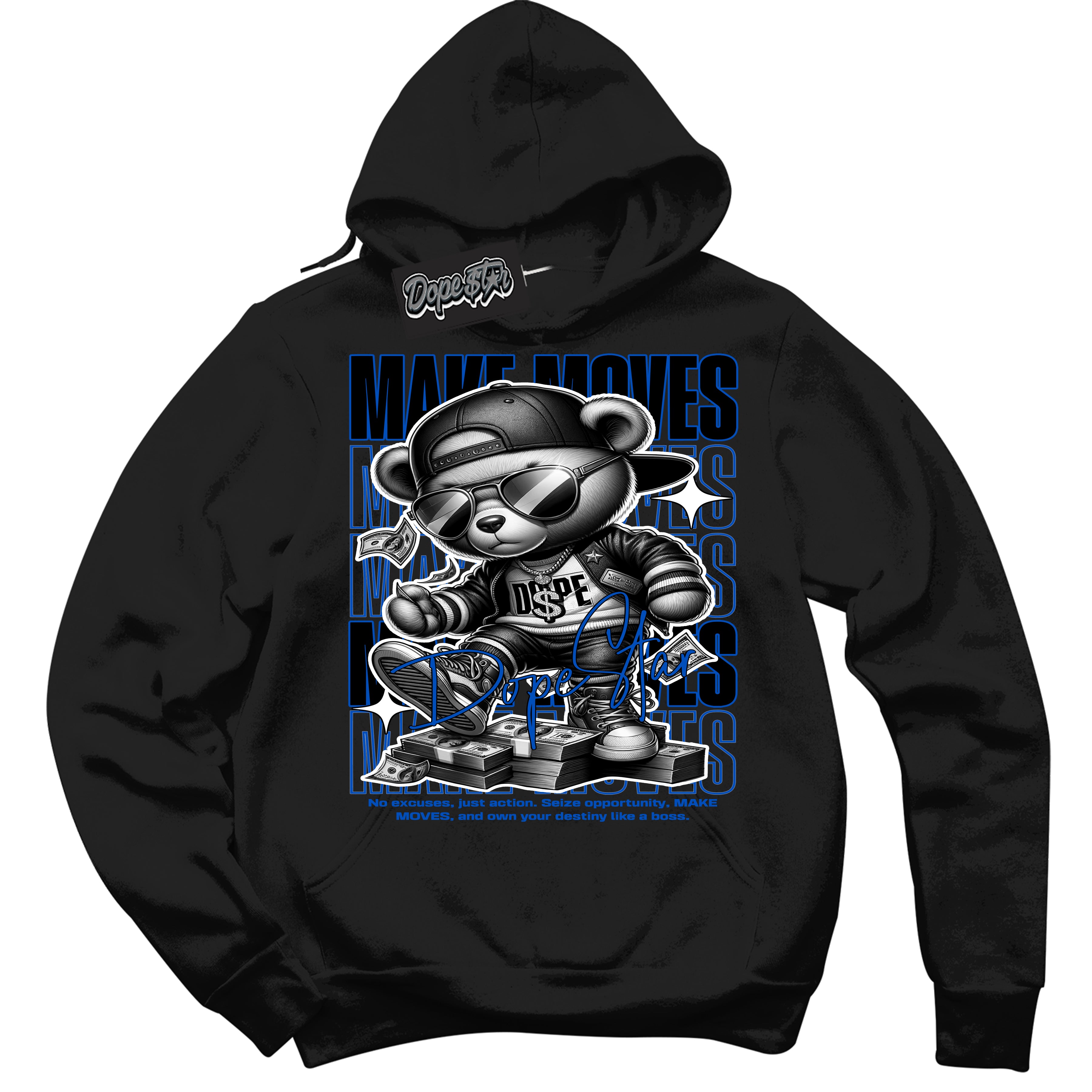 Cool Black Hoodie with “ Makin Moves ” design that Perfectly Matches Royal Reimagined 1s Sneakers.