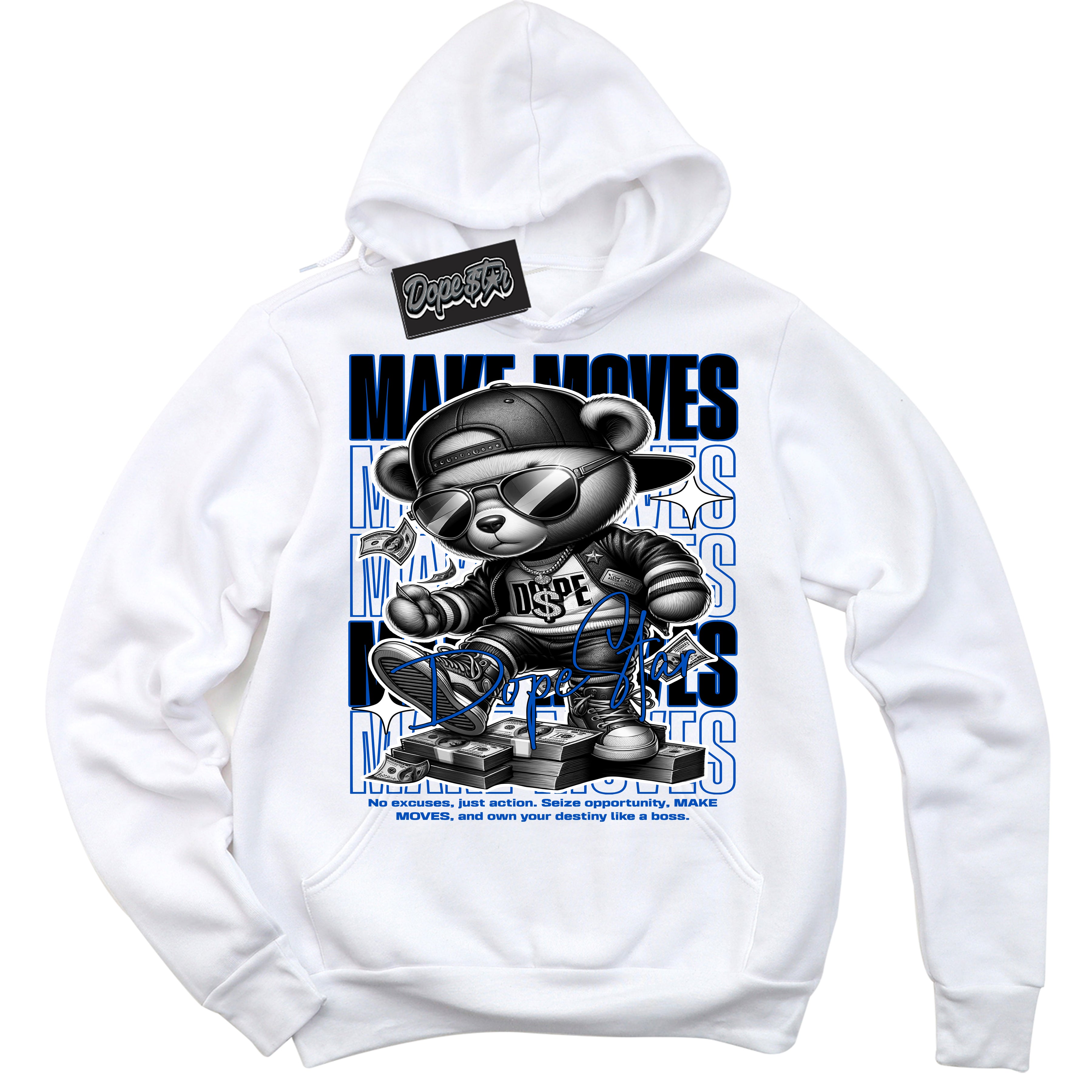 Cool White Hoodie with “ Makin Moves ” design that Perfectly Matches Royal Reimagined 1s Sneakers.