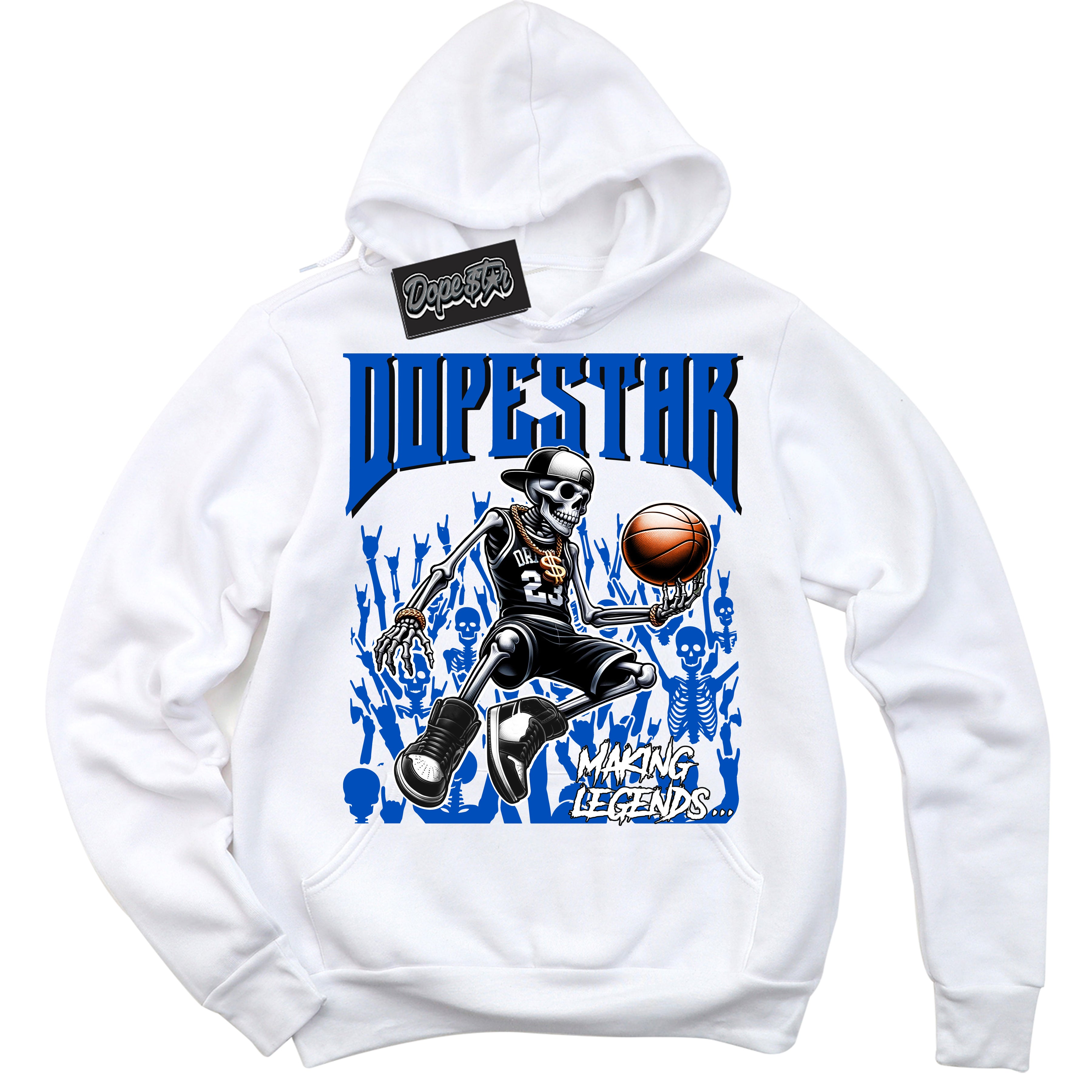 Cool White Hoodie with “ Making Legends ” design that Perfectly Matches Royal Reimagined 1s Sneakers.