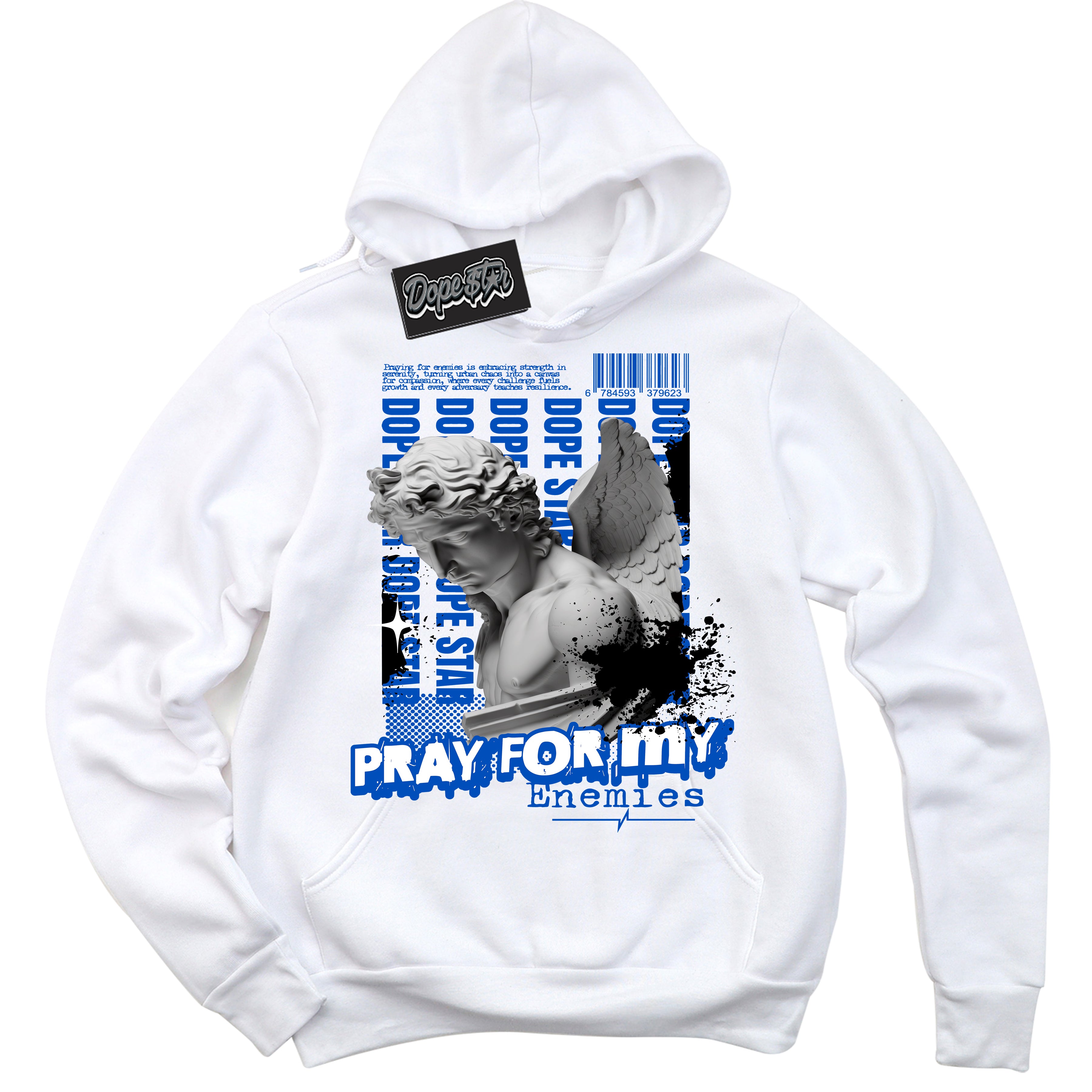 Cool White Hoodie with “ Pray Enemies ” design that Perfectly Matches Royal Reimagined 1s Sneakers.