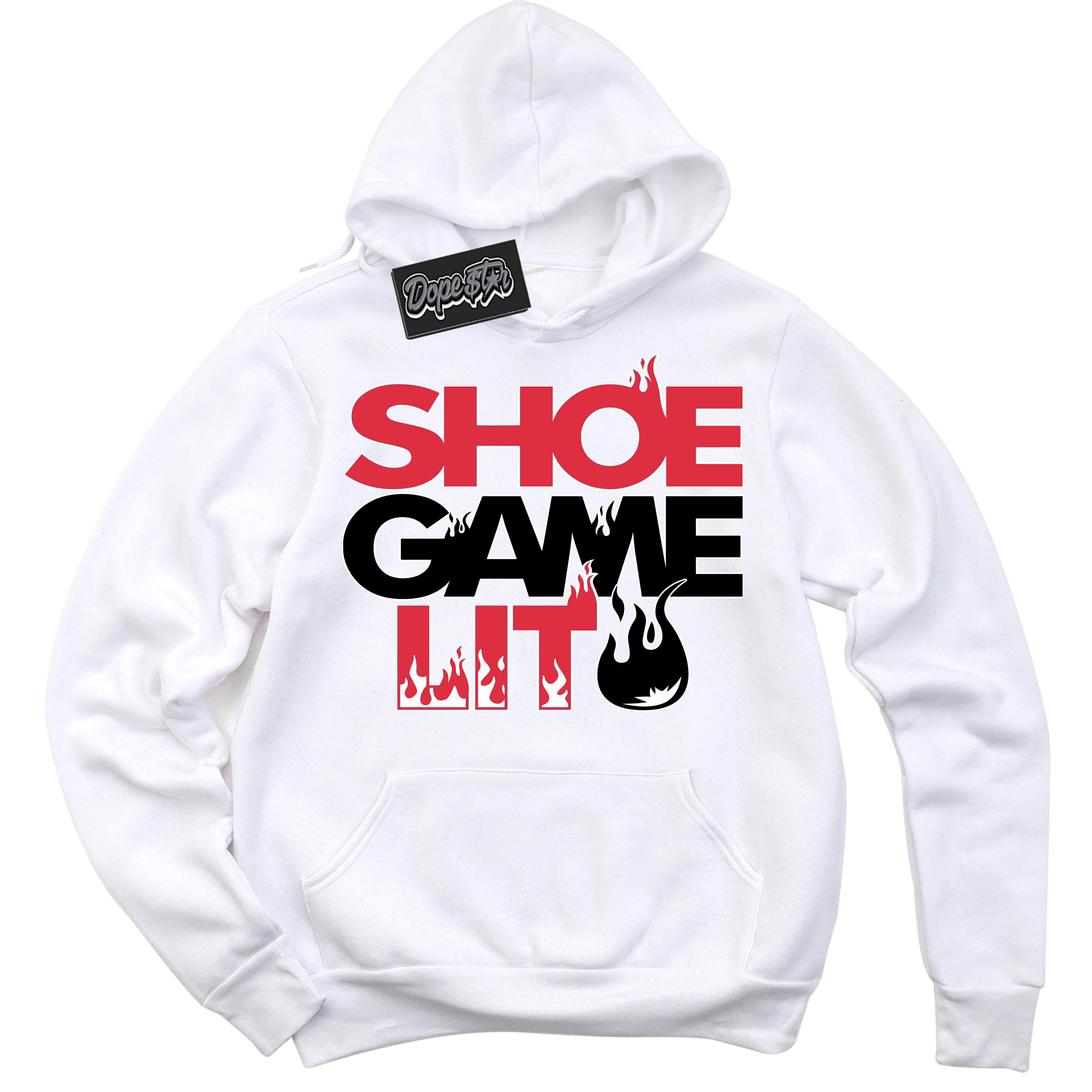 Cool White Hoodie with “ Shoe Game Lit '' design that Perfectly Matches Satin Bred 1s Sneakers.
