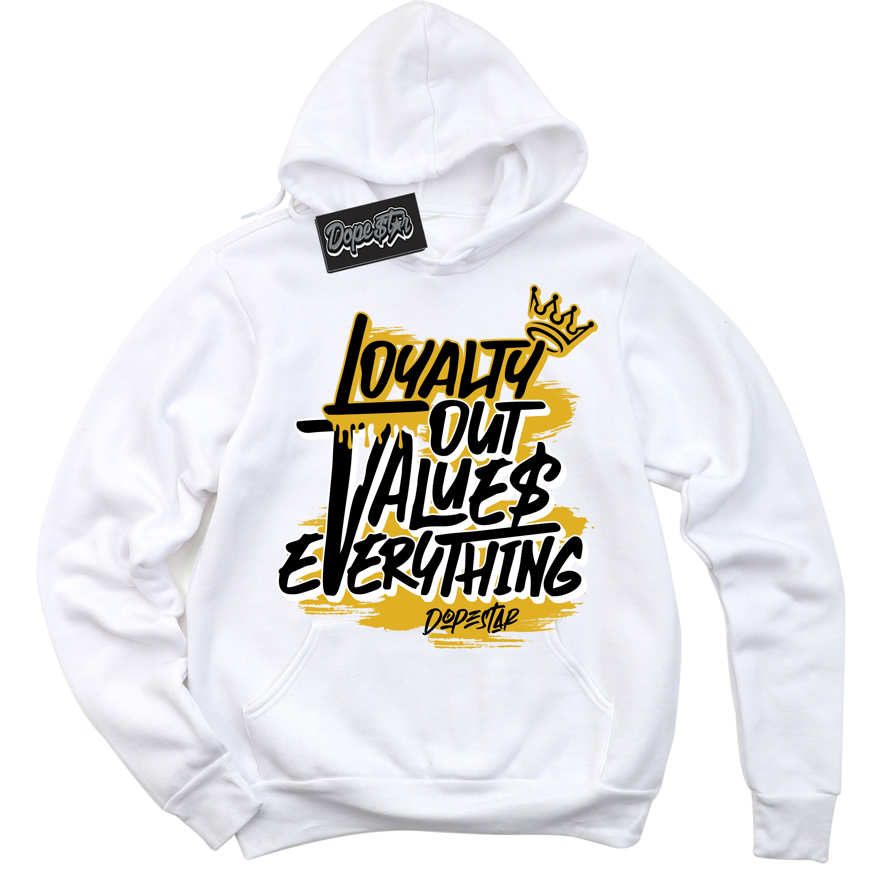 Cool White Hoodie with “ Loyalty Out Values Everything ” design that Perfectly Matches Taxi 1s Sneakers.