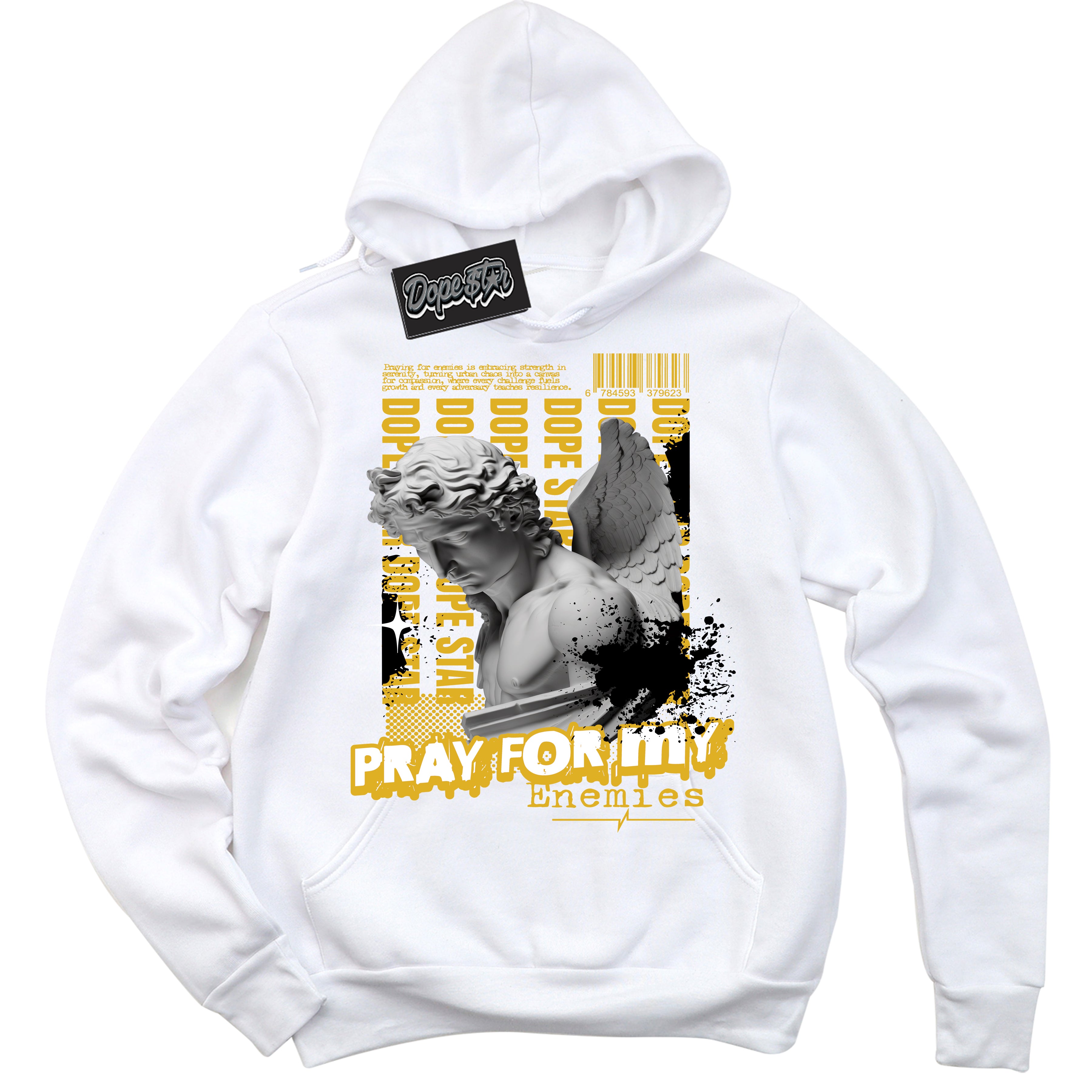 Cool White Hoodie with “ Pray Enemies ” design that Perfectly Matches Taxi 1s Sneakers.