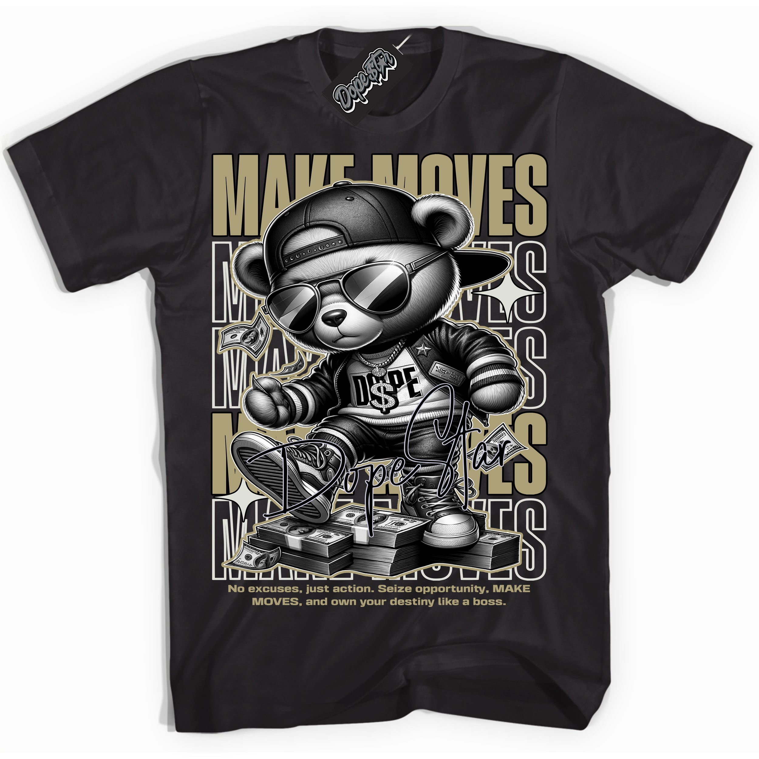 Cool Black Shirt with “ Makin Moves” design that perfectly matches Golf Travis Scott Neutral Olive 1s Sneakers.
