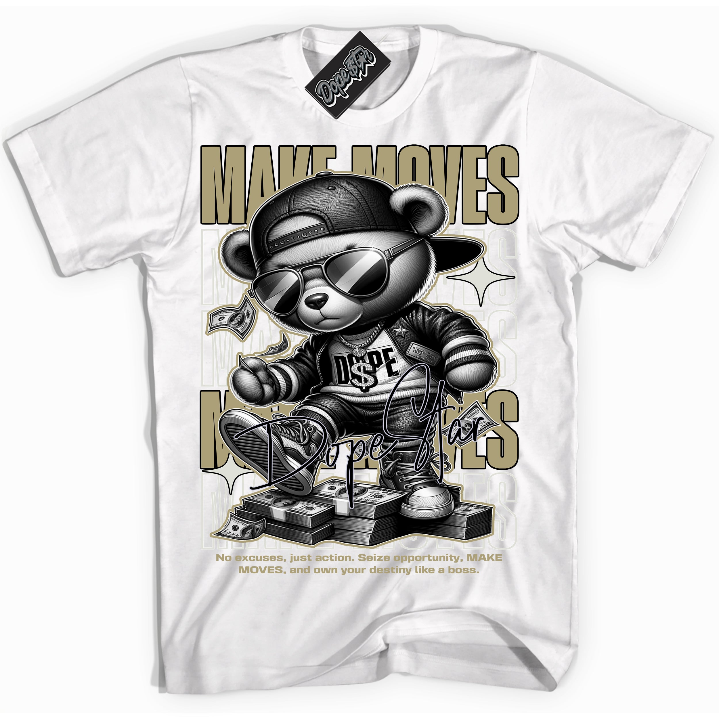 Cool White Shirt with “ Makin Moves” design that perfectly matches Golf Travis Scott Neutral Olive 1s Sneakers.