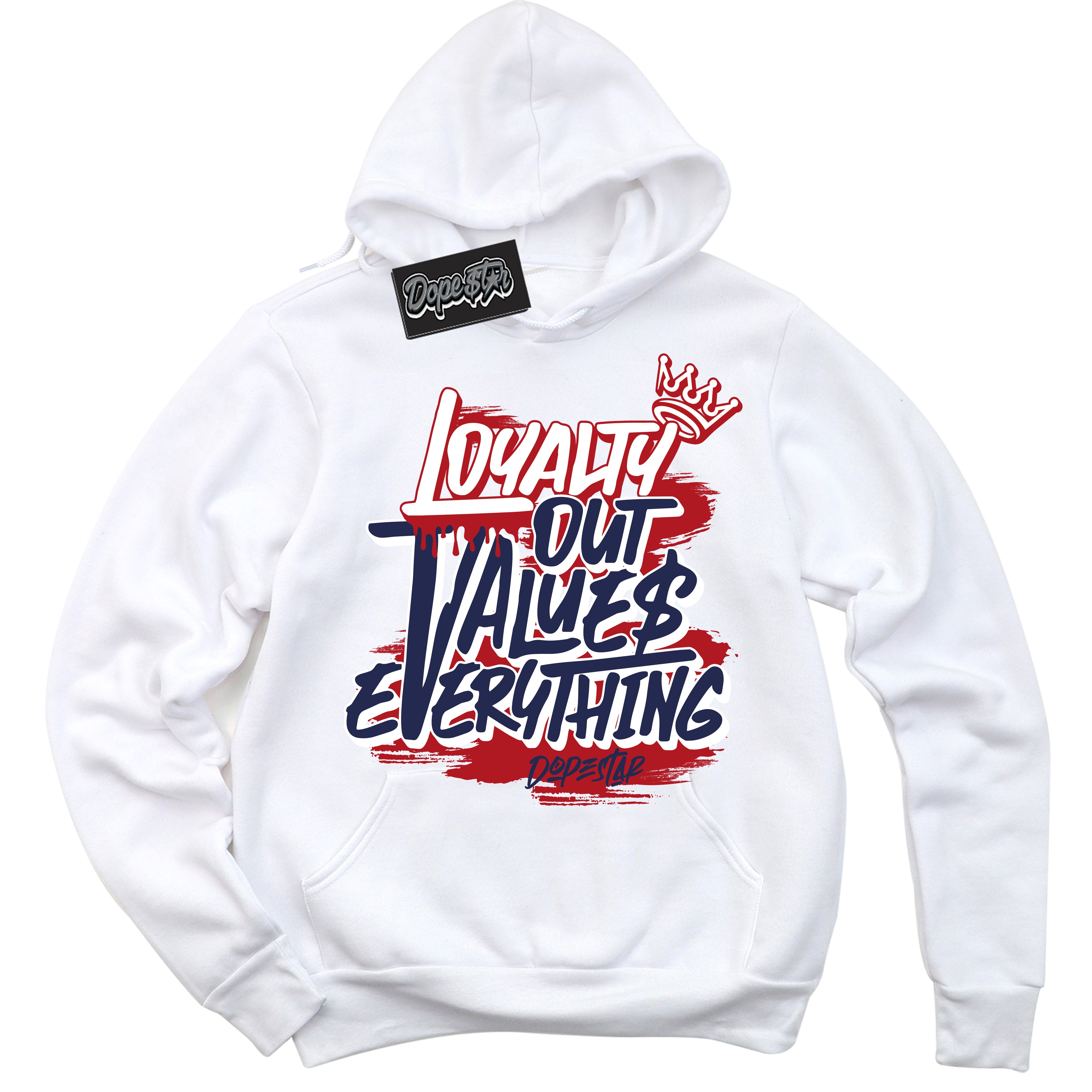 Cool White Hoodie with “ Loyalty Out Values Everything ” design that Perfectly Matches Golf USA 1s Sneakers.