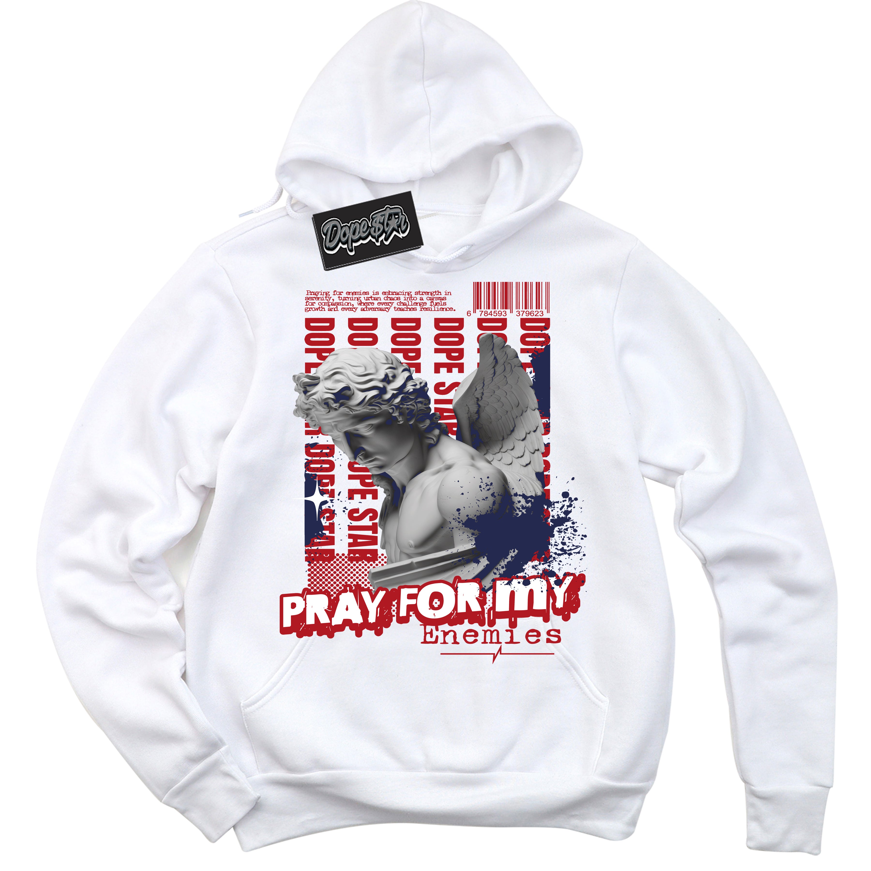 Cool White Hoodie with “ Pray Enemies ” design that Perfectly Matches Golf USA 1s Sneakers.