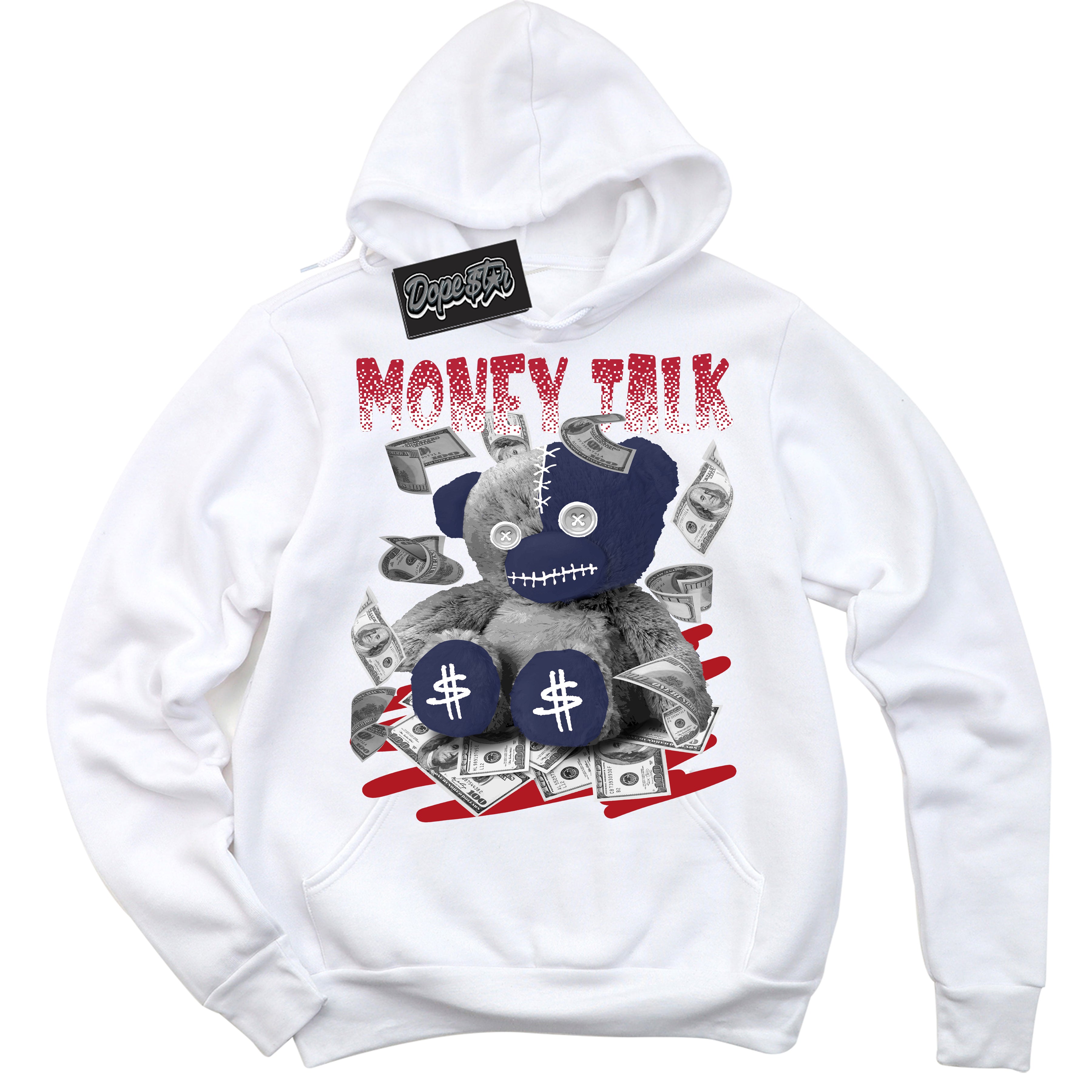 Cool White Hoodie with “Money Talk Bear” design that Perfectly Matches Howard University 1s Jordans.