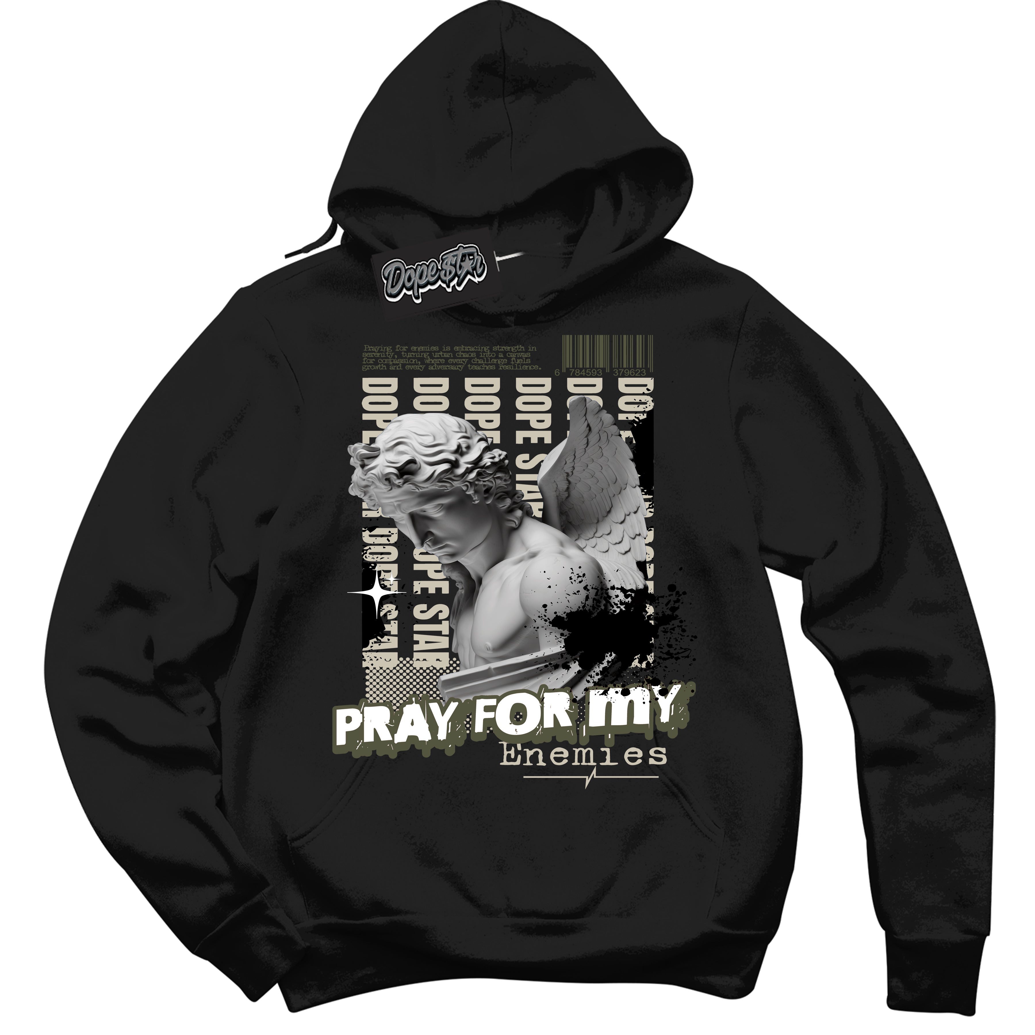 Cool Black Hoodie with “ Pray Enemies ” design that Perfectly Matches Travis Scott Olive 1s Sneakers.