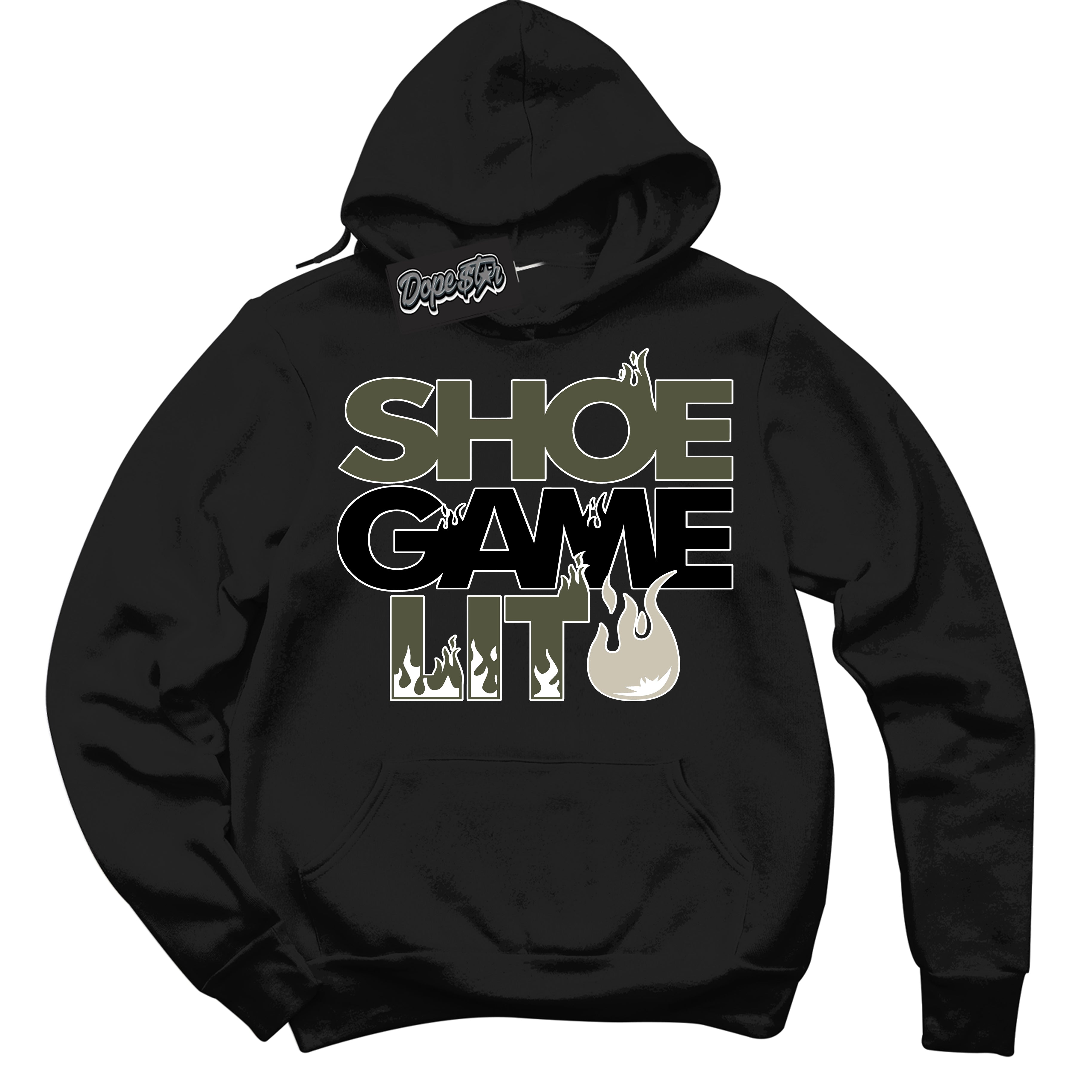 Cool Black Hoodie with “ Shoe Game Lit '' design that Perfectly Matches Olive 1s Sneakers.