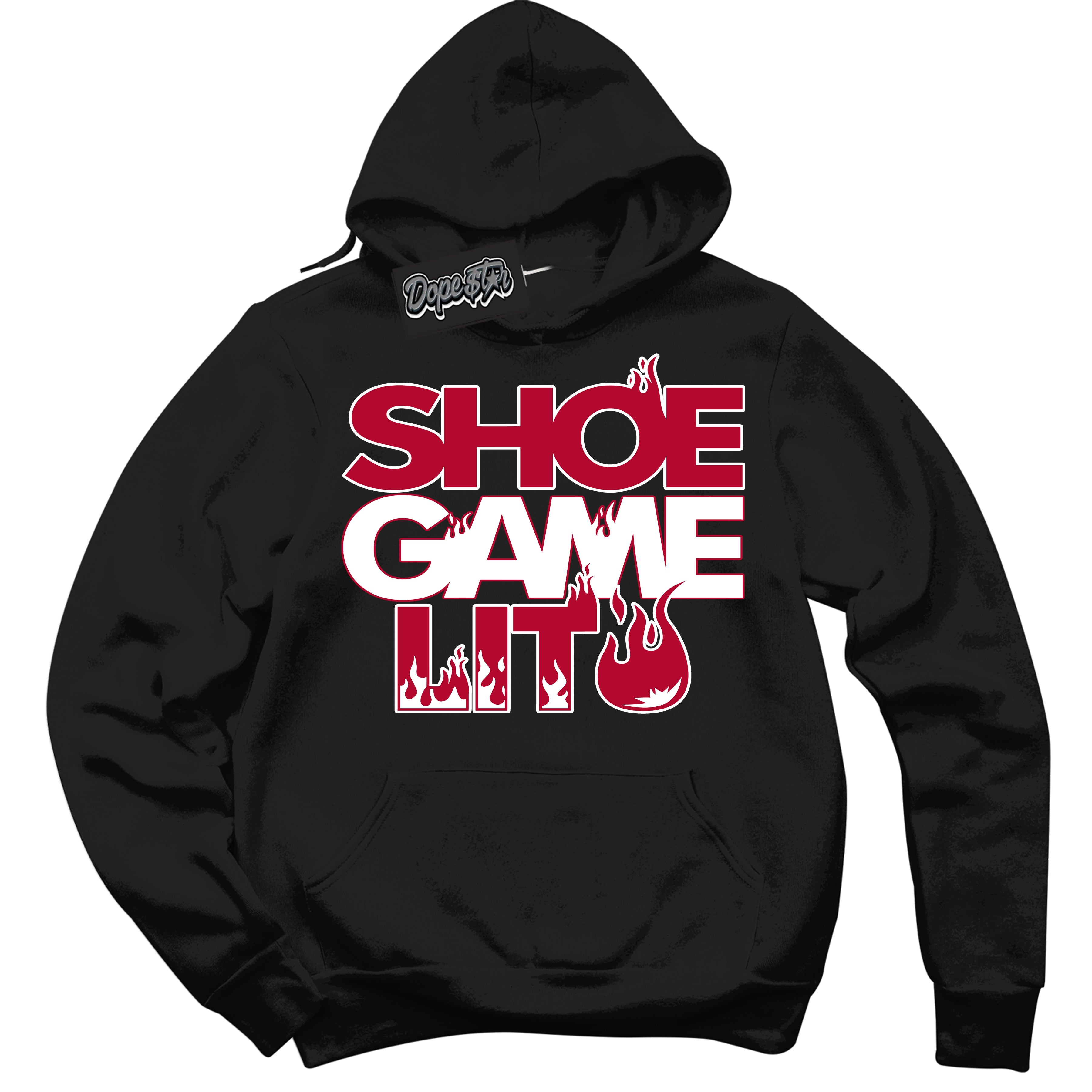 Cool Black Hoodie with “ Shoe Game Lit '' design that Perfectly Matches University Red 1s Sneakers.