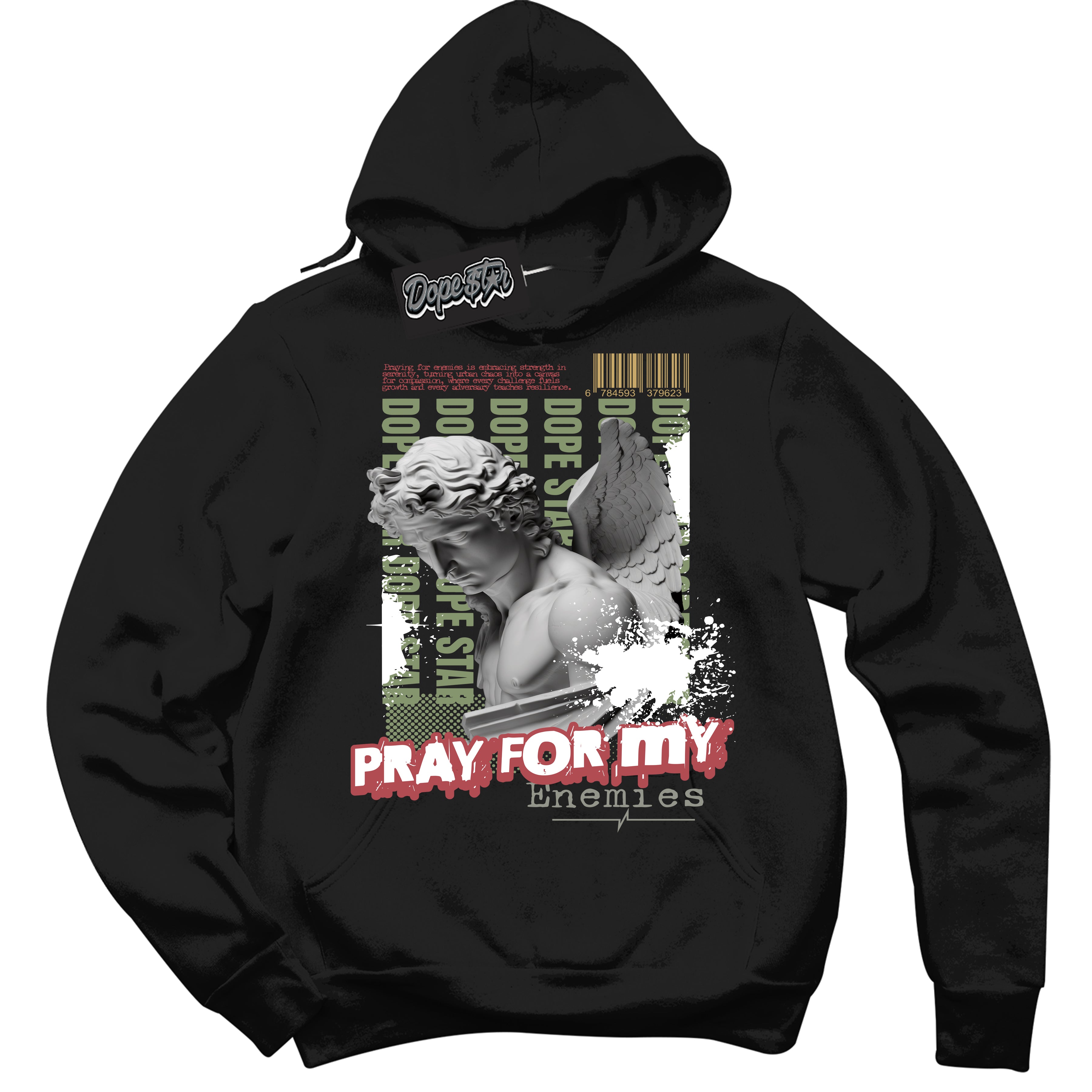 Cool Black Hoodie with “ Pray Enemies ” design that Perfectly Matches Year Of The Dragon 1s Sneakers.