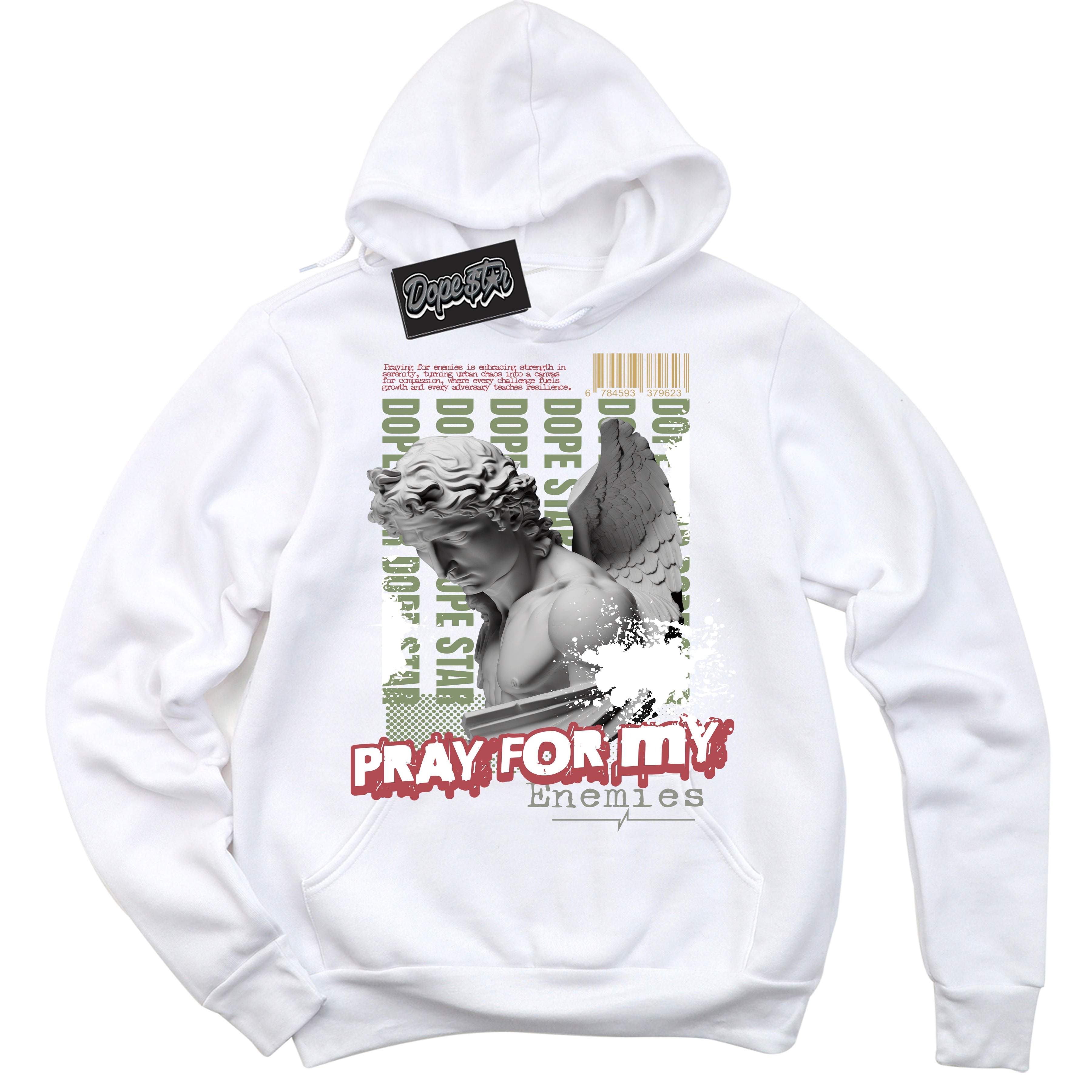 Cool White Hoodie with “ Pray Enemies ” design that Perfectly Matches Year Of The Dragon 1s Sneakers.