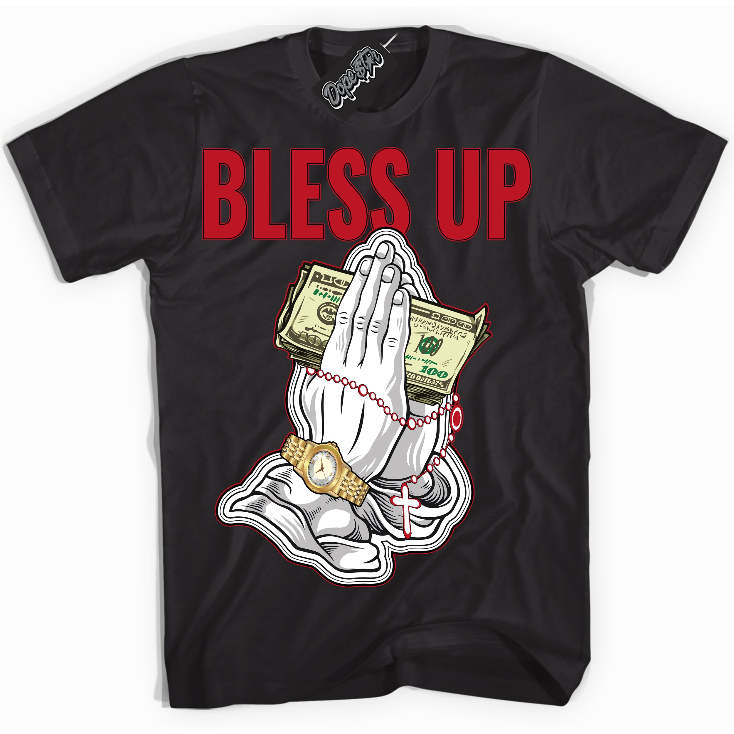 Cool Black Shirt with “ Bless Up ” design that perfectly matches Trophy Room 1s Jordans.
