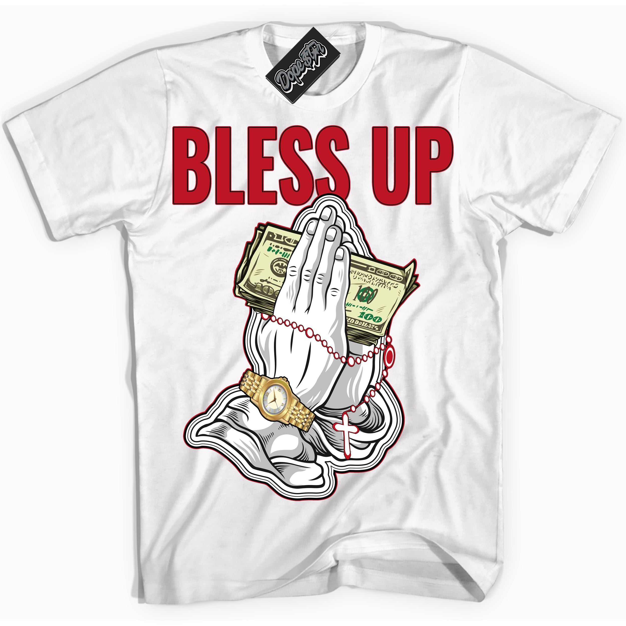 Cool White Shirt with “ Bless Up ” design that perfectly matches Trophy Room 1s Jordans.