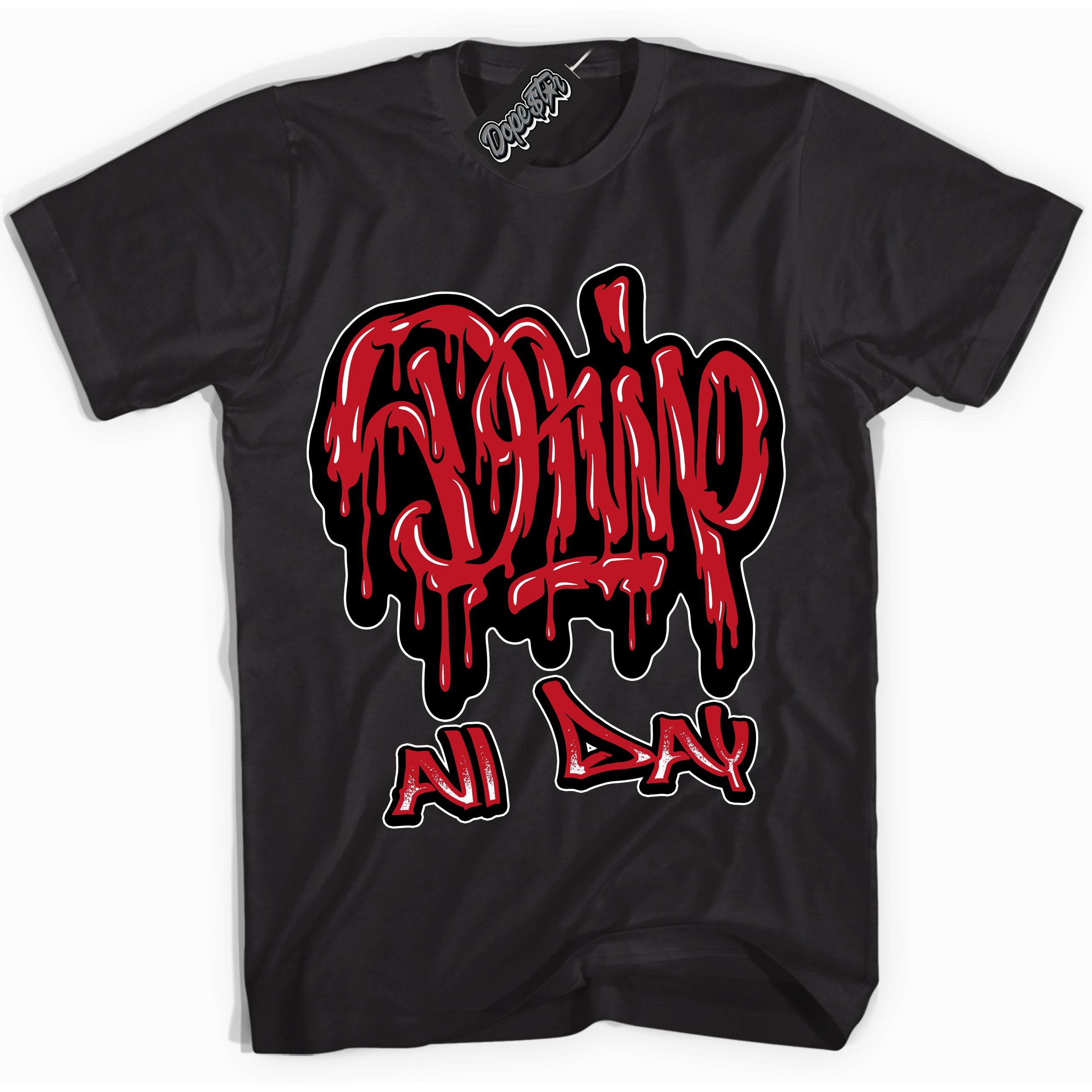 Cool Black Shirt with “ Drip All Day ” design that perfectly matches Trophy Room 1s Jordans.