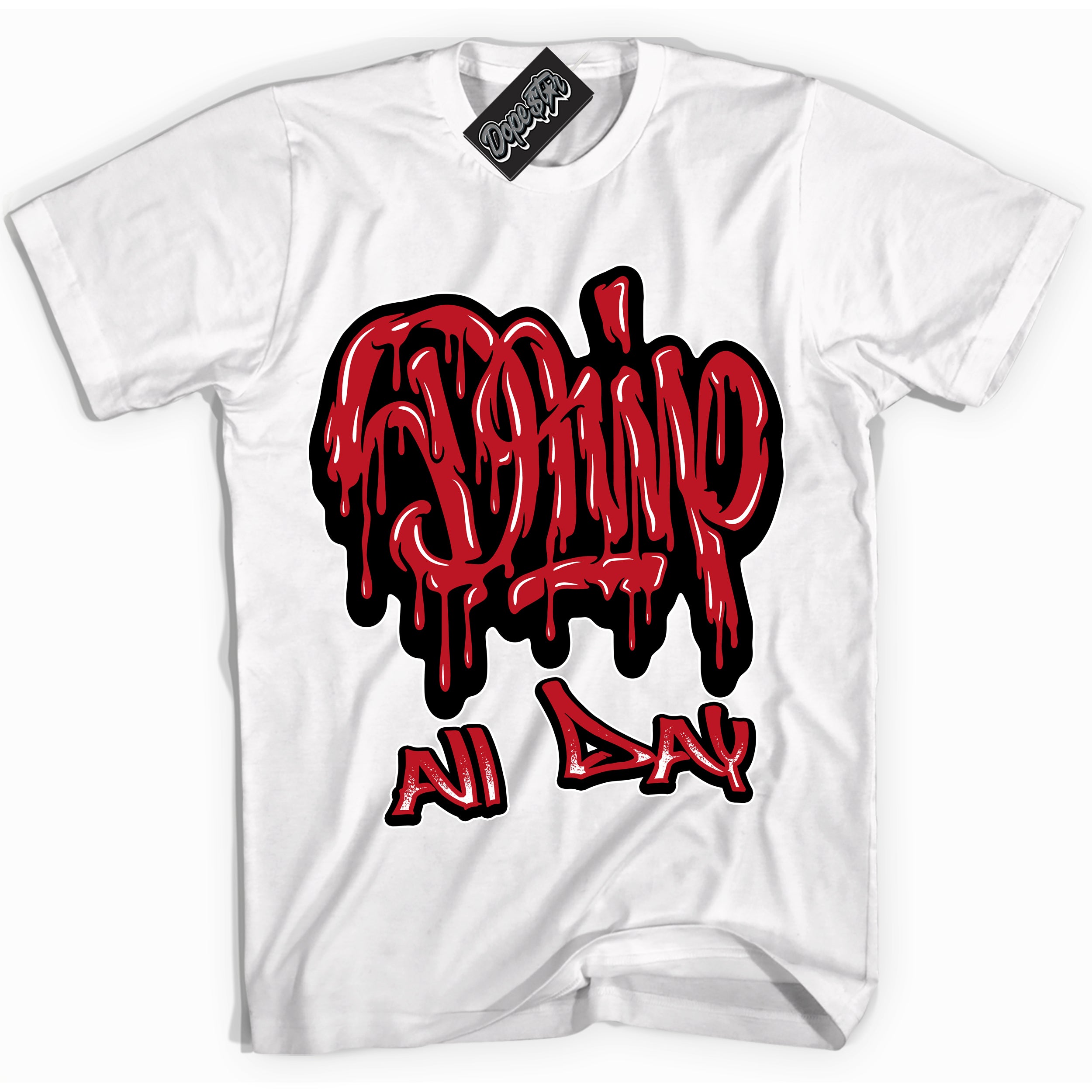 Cool White Shirt with “ Drip All Day ” design that perfectly matches Trophy Room 1s Jordans.