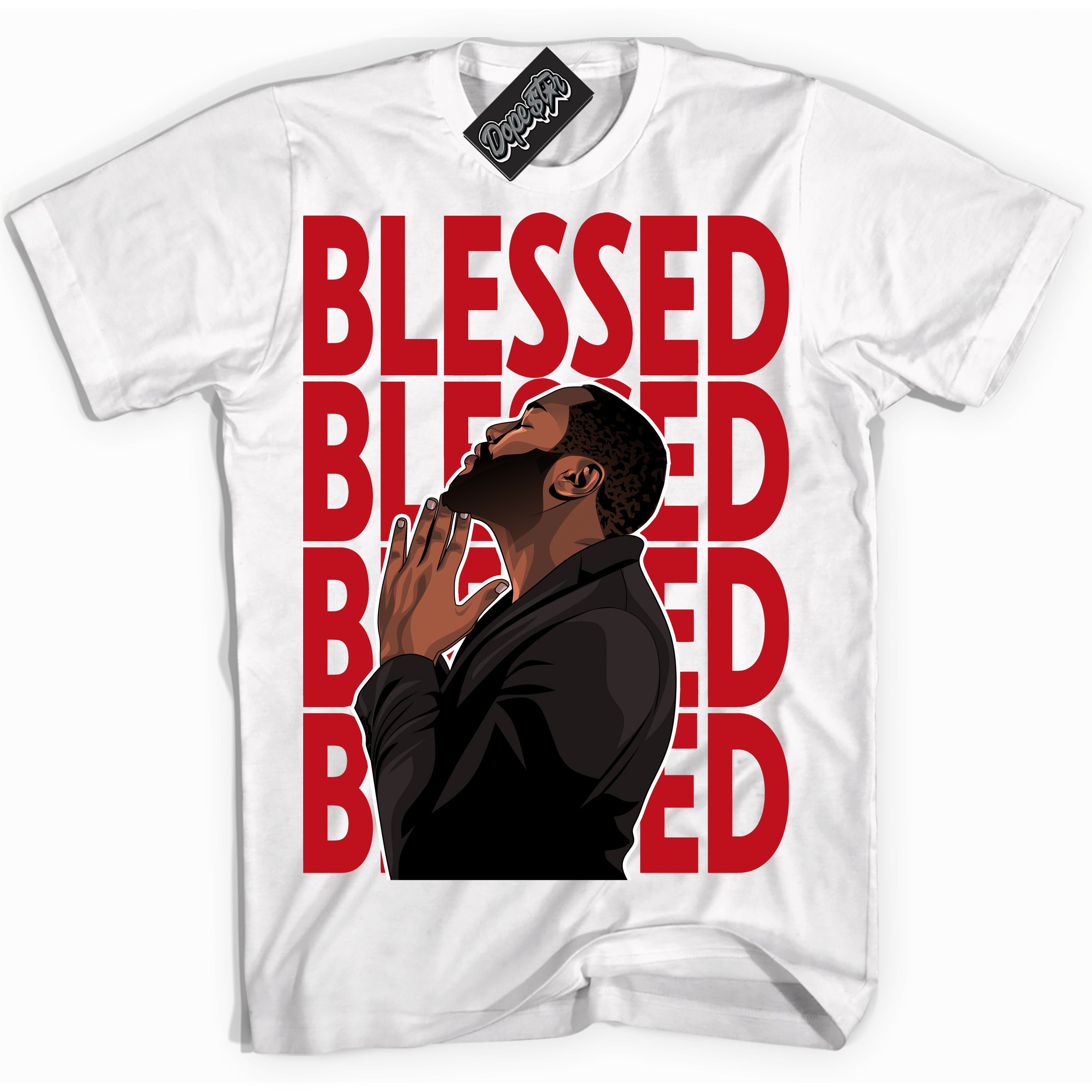 Cool White Shirt with “ God Blessed ” design that perfectly matches Trophy Room 1s Jordans.