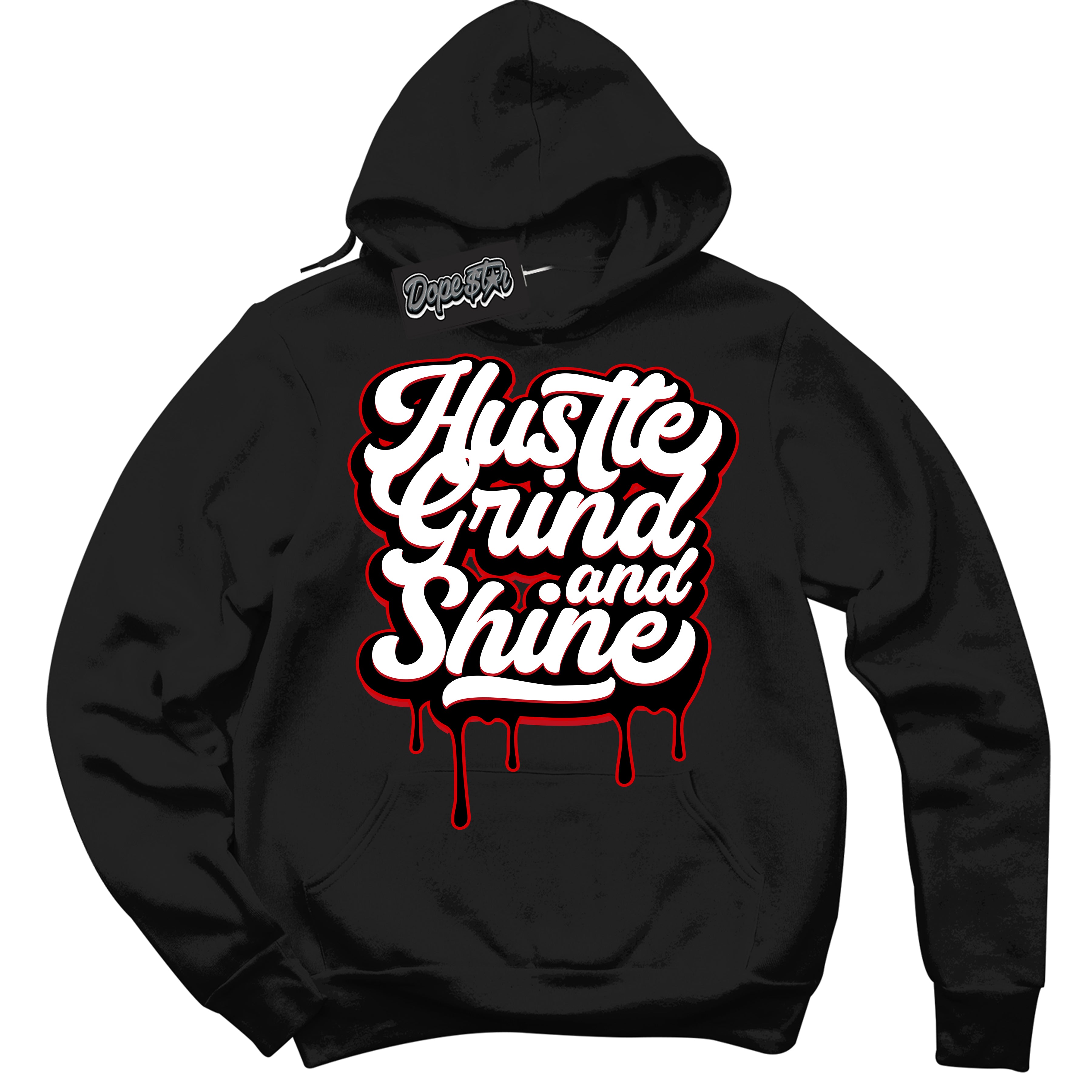 Cool Black Hoodie with “ Hustle Grind And Shine ” design that Perfectly Matches Trophy Room 1s Jordans.