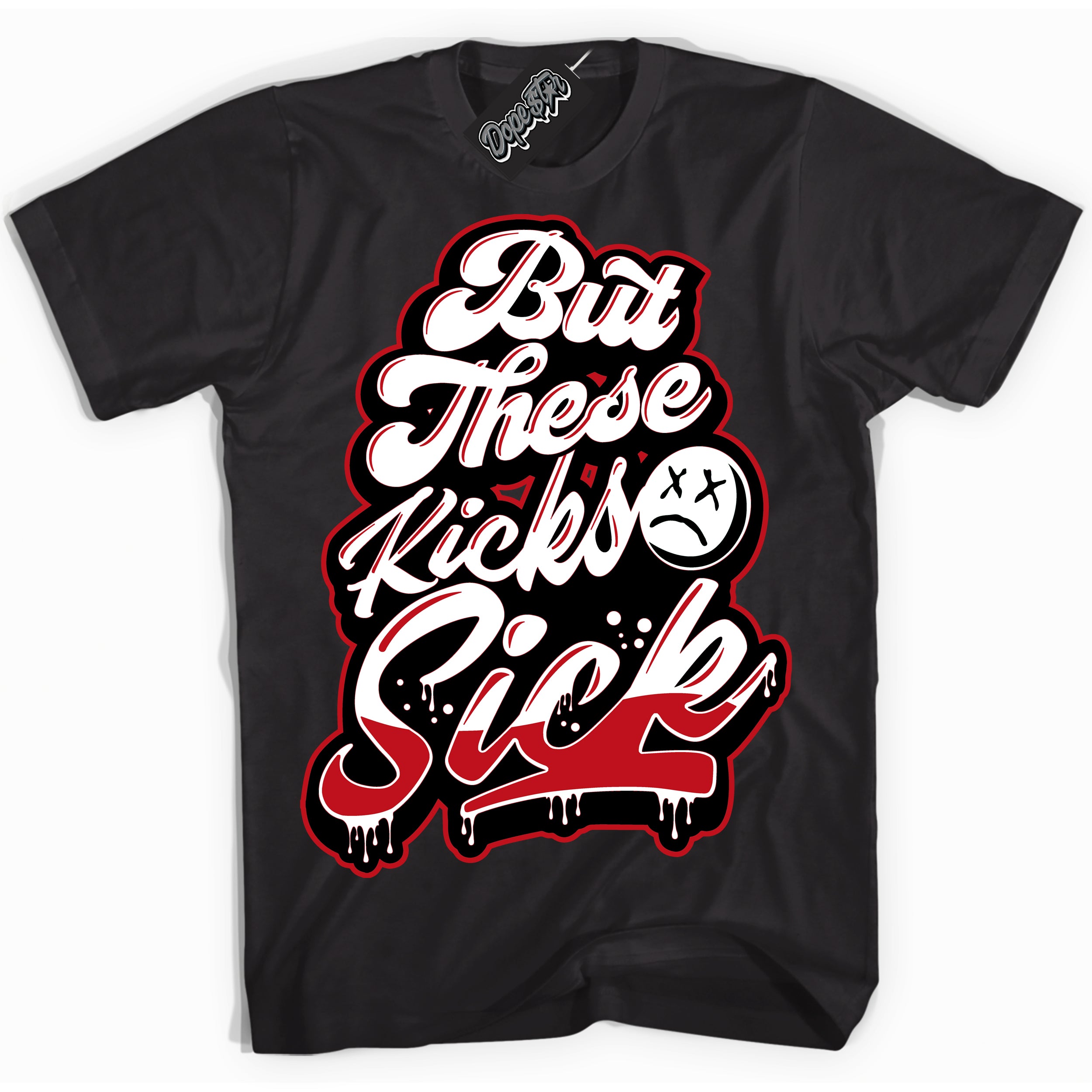 Cool Black Shirt with “ Kick Sick ” design that perfectly matches Trophy Room 1s Jordans.