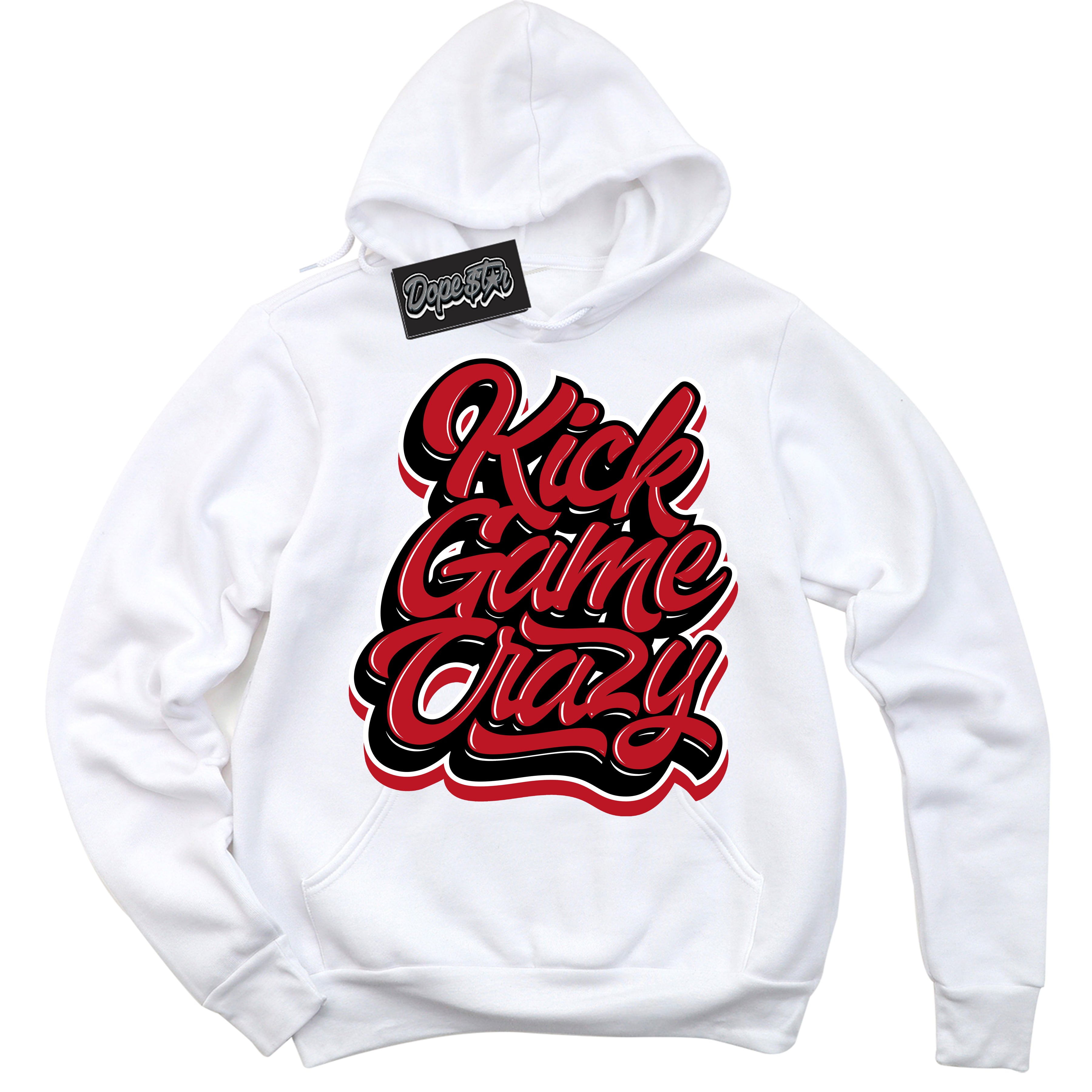 Cool White Hoodie with “ Kick Game Crazy ” design that Perfectly Matches Trophy Room 1s Jordans.