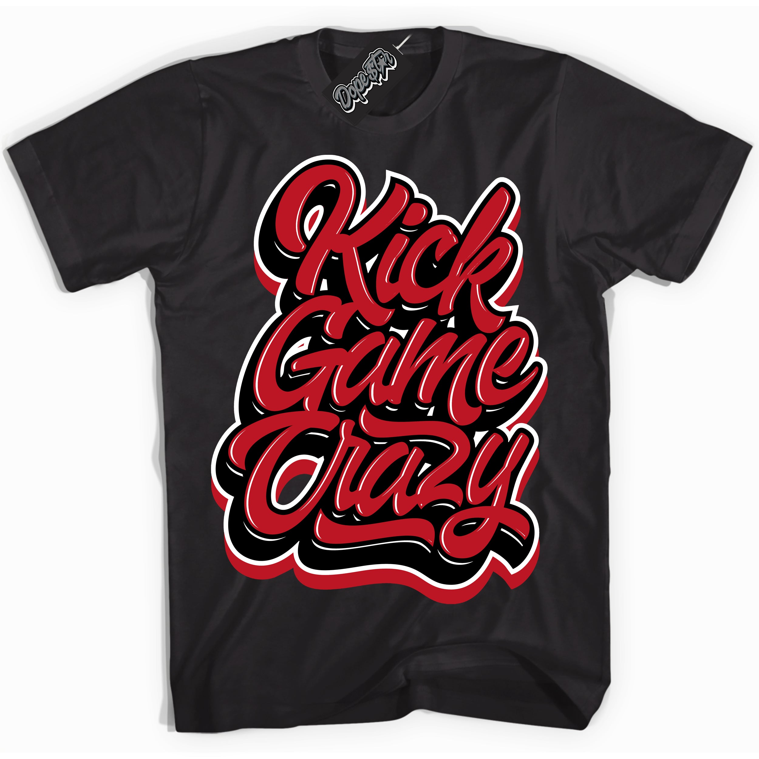 Cool Black Shirt with “ Kick Game Crazy ” design that perfectly matches Trophy Room 1s Jordans.