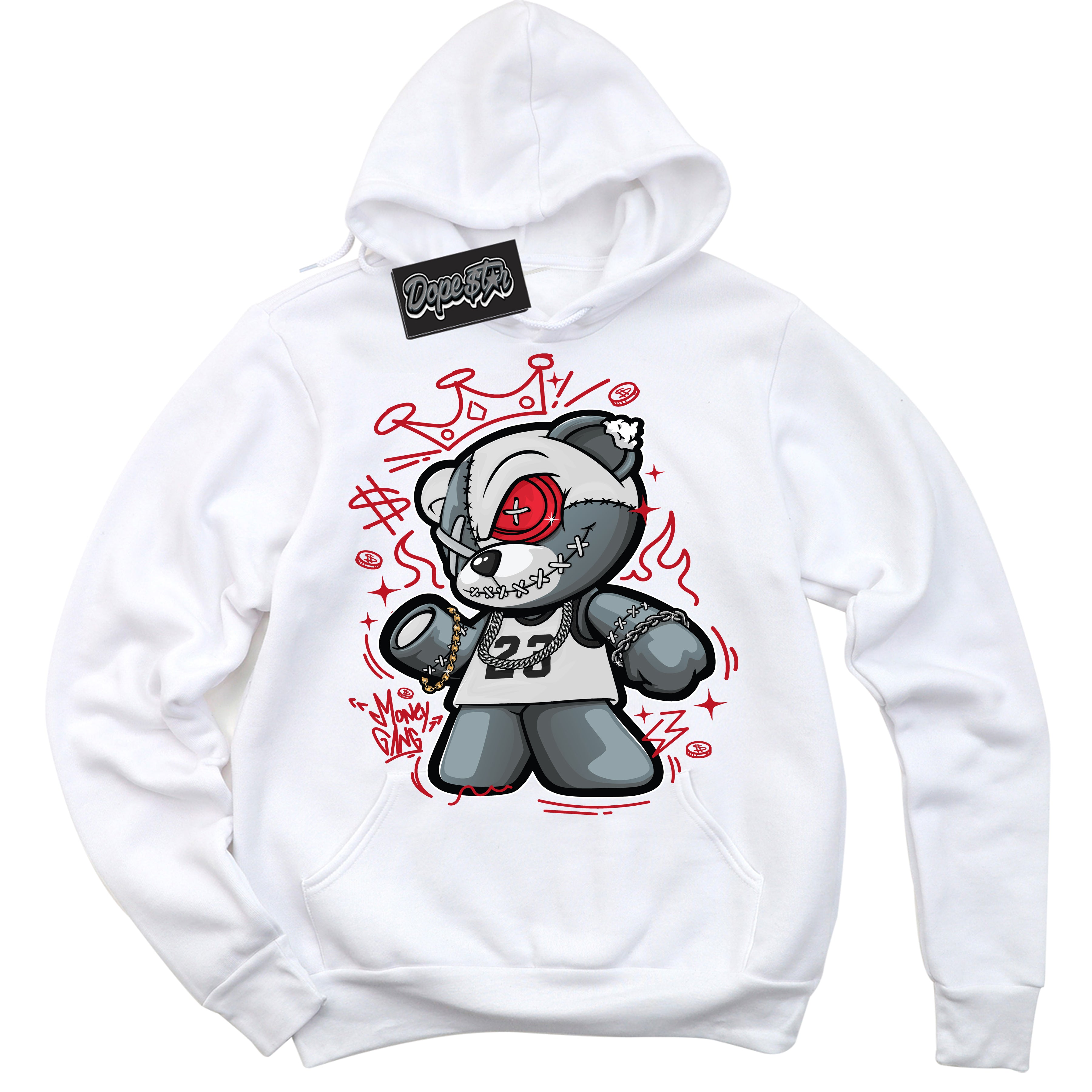 Cool White Hoodie with “ Money Gang Bear ” design that Perfectly Matches Trophy Room 1s Jordans.